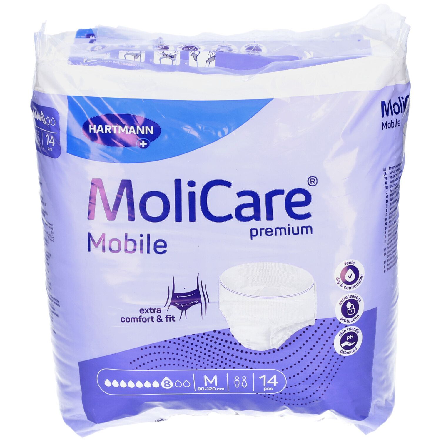Verpackung MoliCare® premium Mobile Pants M. Enthält 14 Stück. Größe M, 80-120 cm. Marke Hartmann.