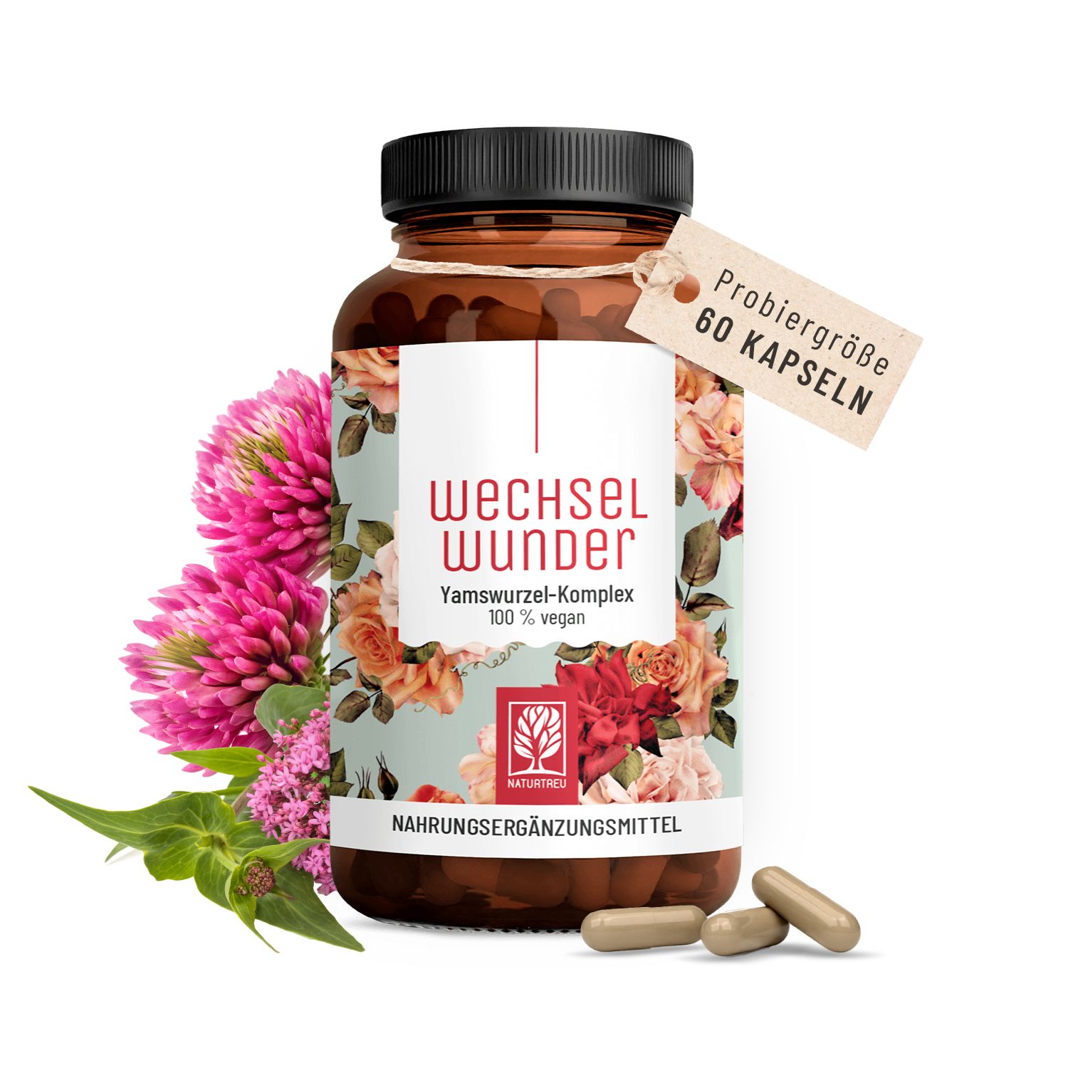 WECHSELWUNDER Small: Wechseljahre Komplex Yamswurzel + Rotklee - Probiergröße 60 Kapseln NATURTREU®