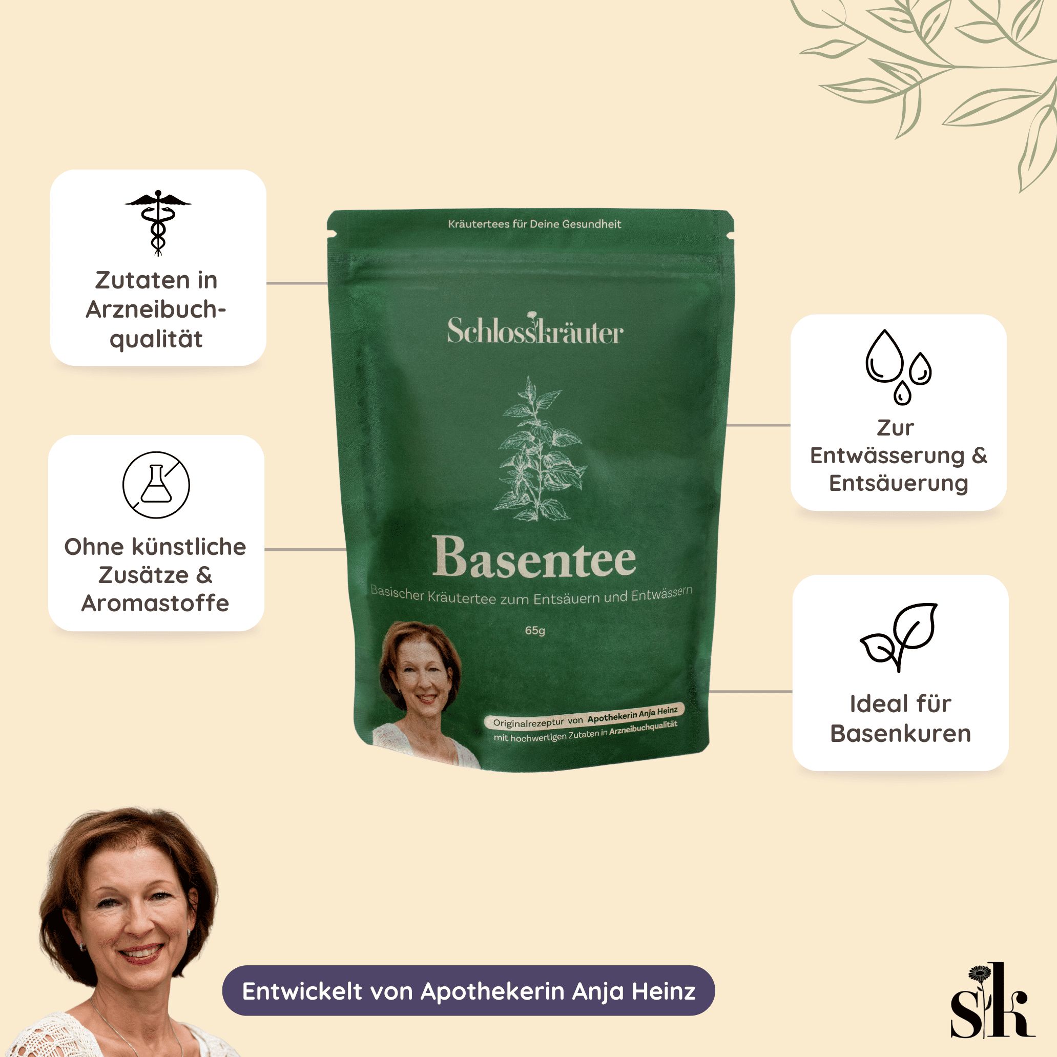 Grüner Beutel Schlosskräuter Basentee mit Icons. Aufschrift: Basentee, 65g. Porträt einer Frau.
