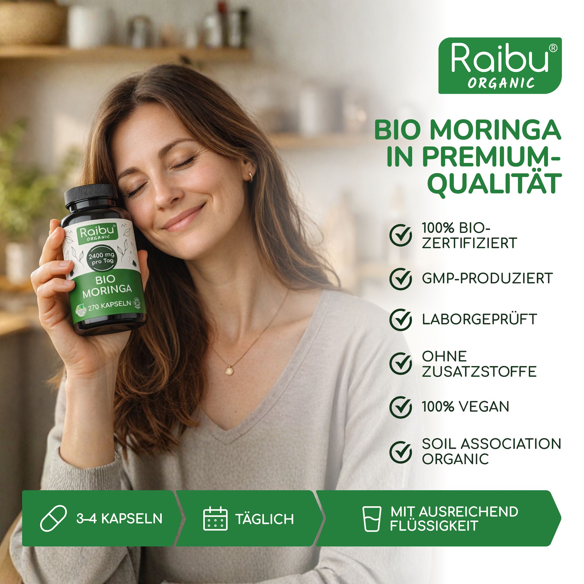 Bio Moringa Kapseln hochdosiert 2400 mg - vegane, laborgeprüft, glutenfrei & laktosefrei - RAIBU