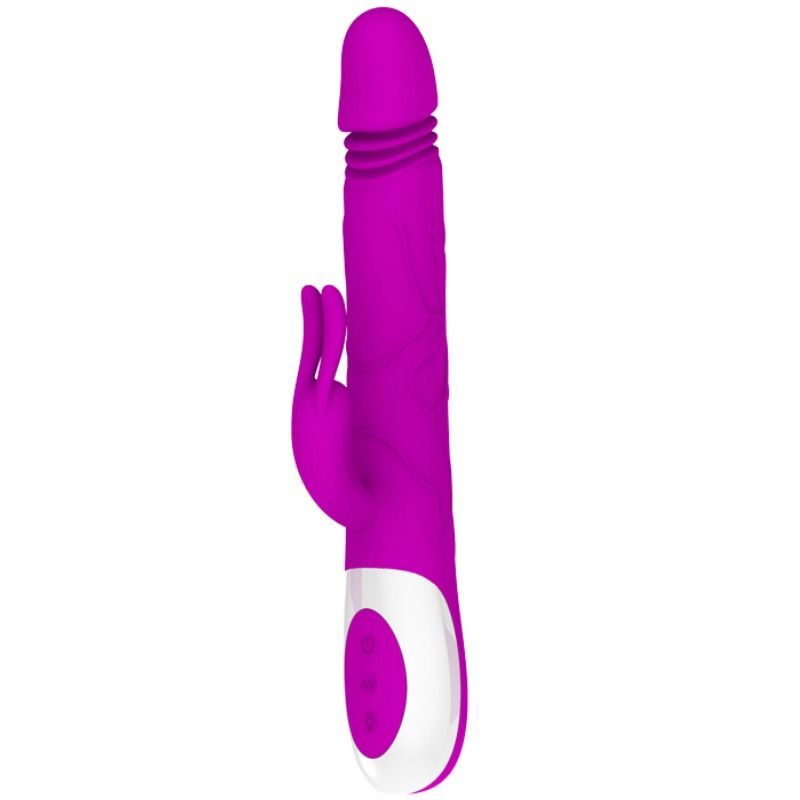 Lila Vibrator mit Kaninchenohren und geriffelter Oberfläche. Weißer Griff mit drei Knöpfen. Vertikale Ansicht.