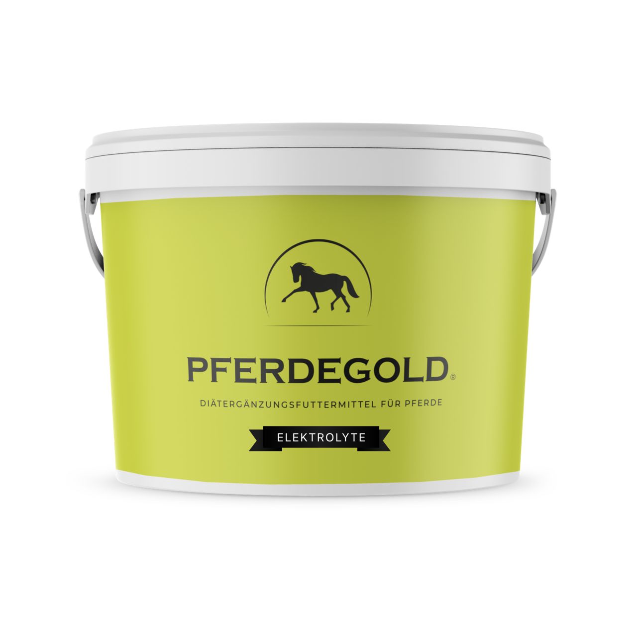 Pferdegold Elektrolyte Eimer mit Logo und Produktinformationen.
