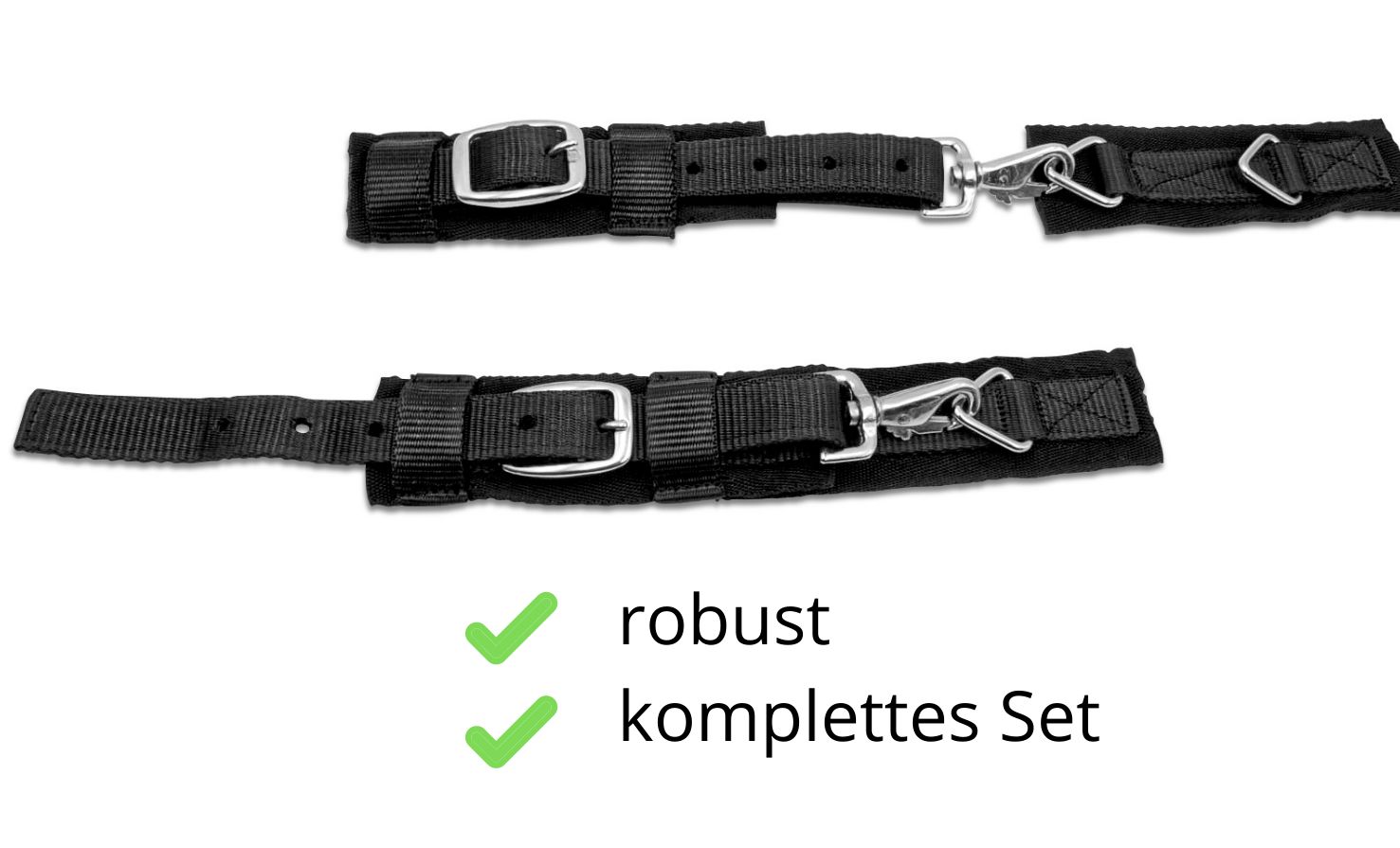 Schwarze Deckenverschlüsse mit Schnallen und Karabinerhaken. Text: robust, komplettes Set.