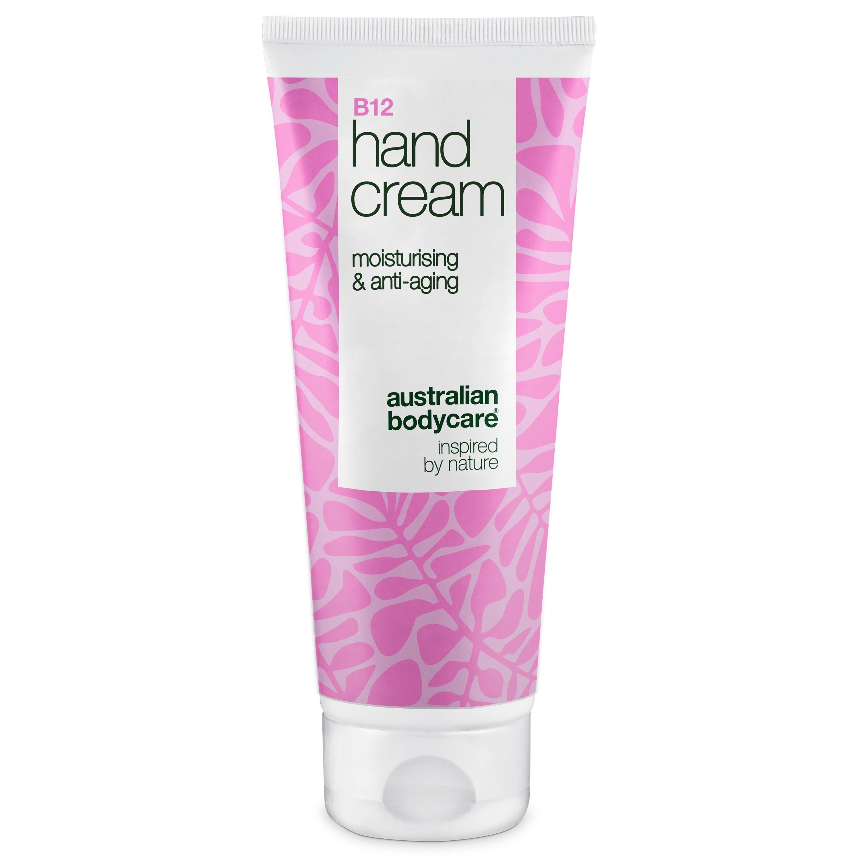 Tube Handcreme, weißer Deckel, pinkes Muster, Text: B12 Hand Cream, Australian Bodycare.