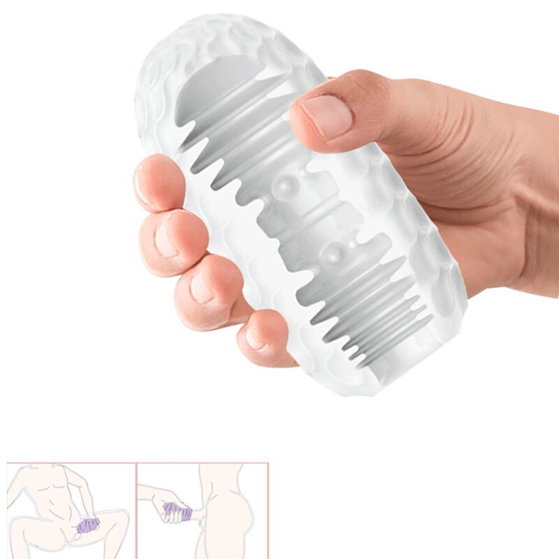 Weißes, ovales Produkt mit wellenförmiger Oberfläche. In der Hand gehalten.