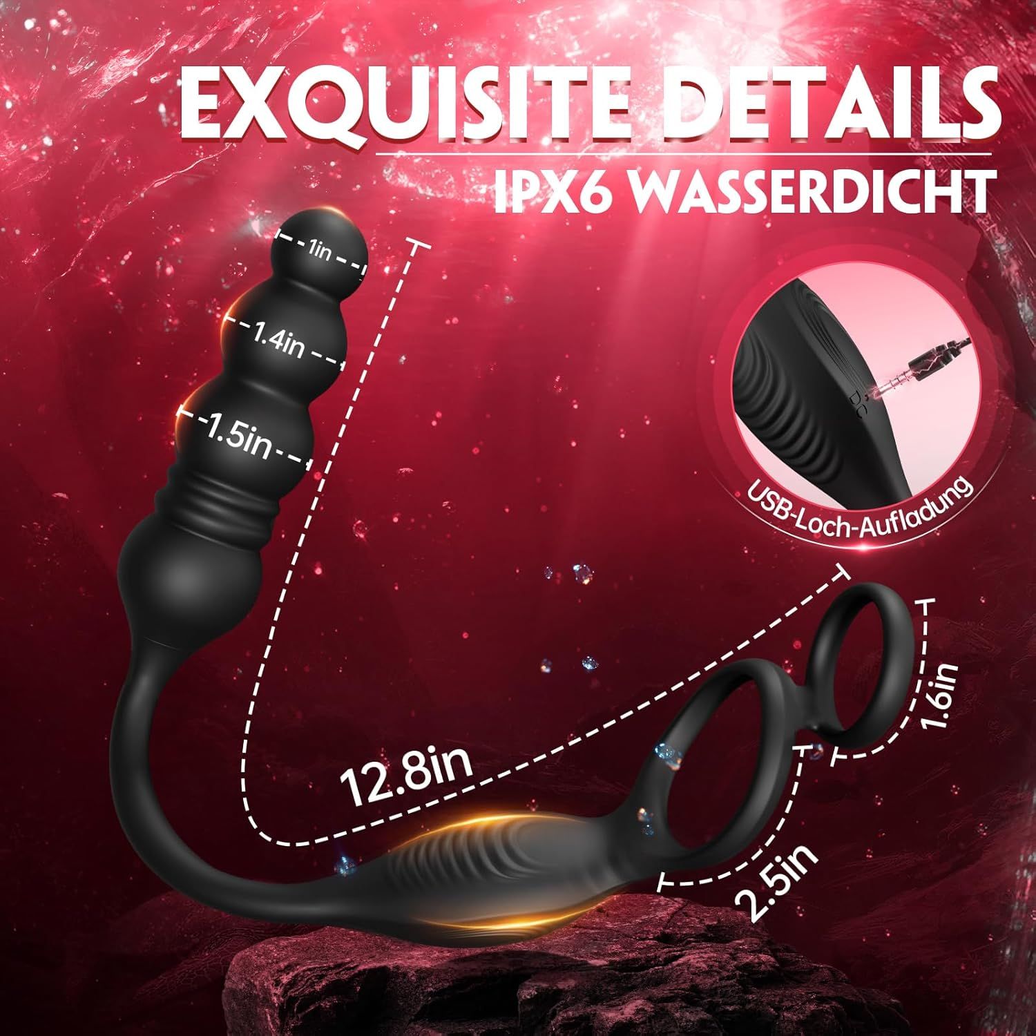 Schwarzer Stimulator, IPX6 wasserdicht, USB-Ladeanschluss. Maße: 12.8in, 2.5in, 1.6in.
