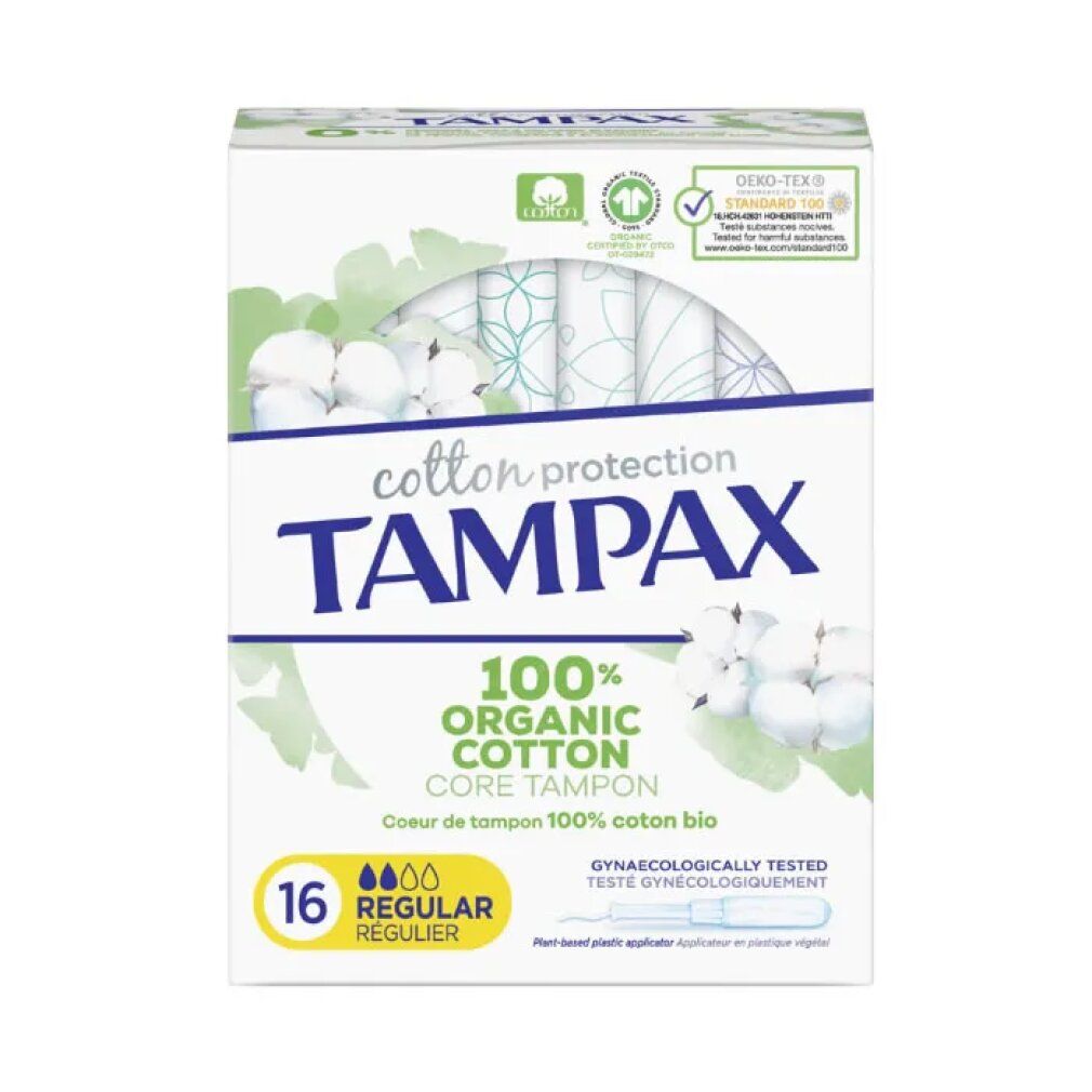 Verpackung mit 16 Tampax Organic Regular Tampons. 100% Bio-Baumwolle. Gynäkologisch getestet. Mit Applikator.