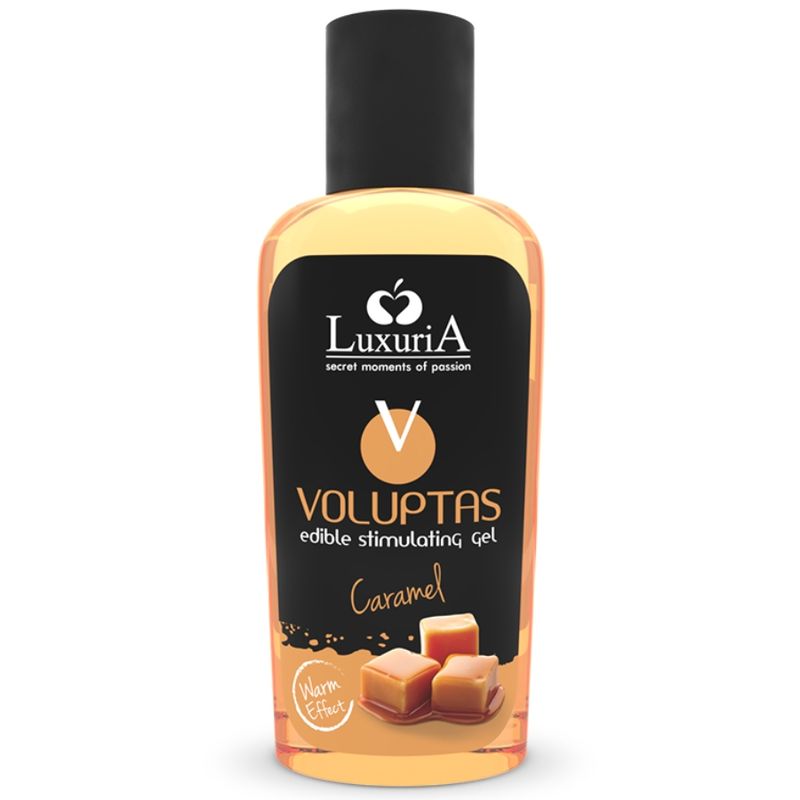 Flasche mit gelbem Gel. Schwarzes Etikett mit "Luxuria Voluptas Caramel". Abbildung von Karamellbonbons. "Warm Effect".