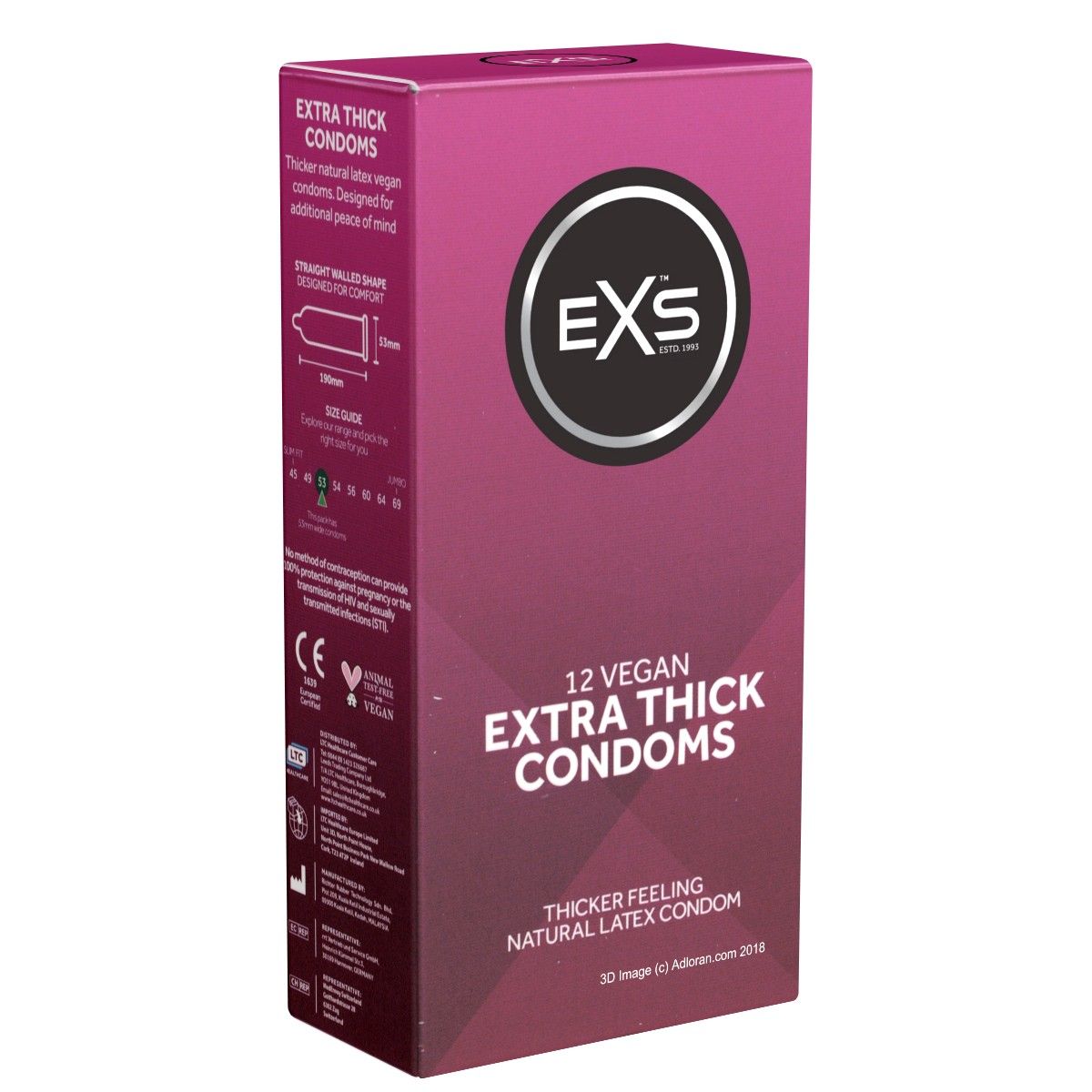 Verpackung mit 12 veganen EXS Extra Thick Kondomen. Rosa-lila Farbverlauf, Produktabbildung, CE-Kennzeichnung.