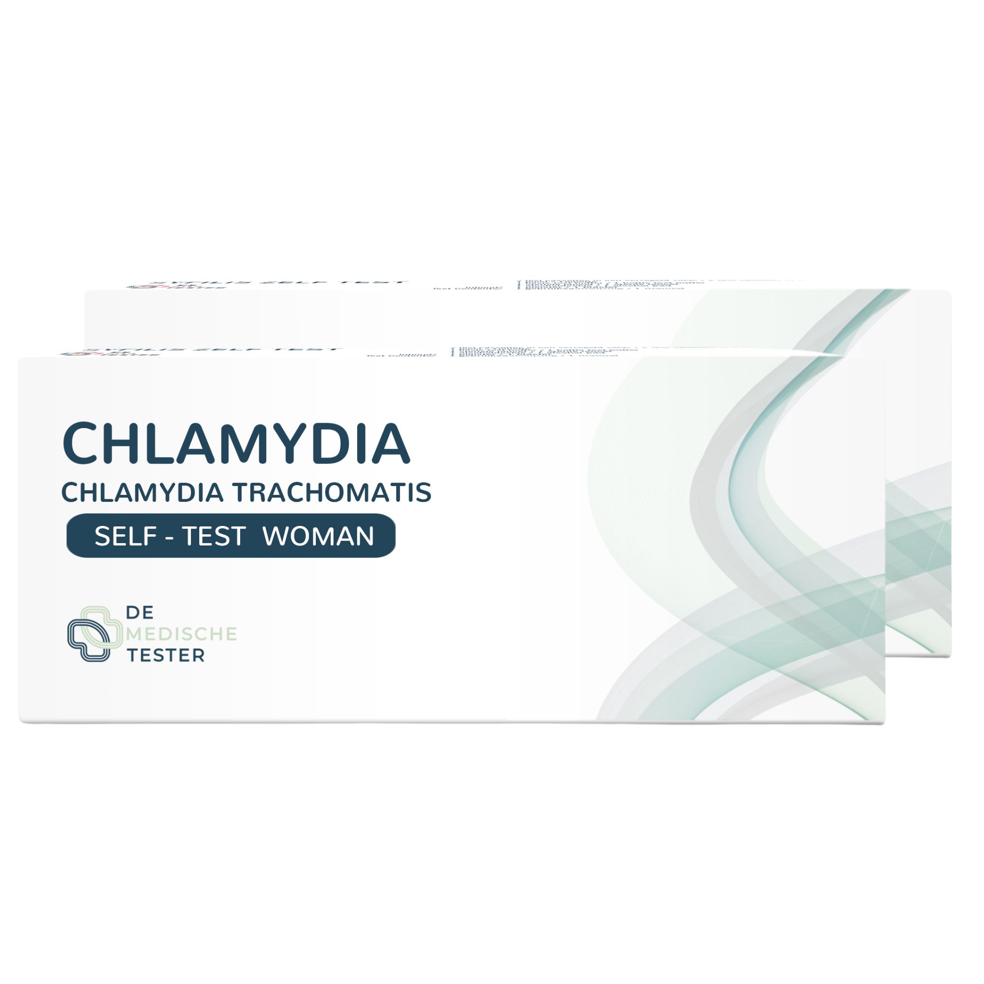 Zwei Packungen Chlamydien Selbsttest für Frauen. Aufschrift: Chlamydia Trachomatis, Self-Test Woman. Marke: De Medische Tester.