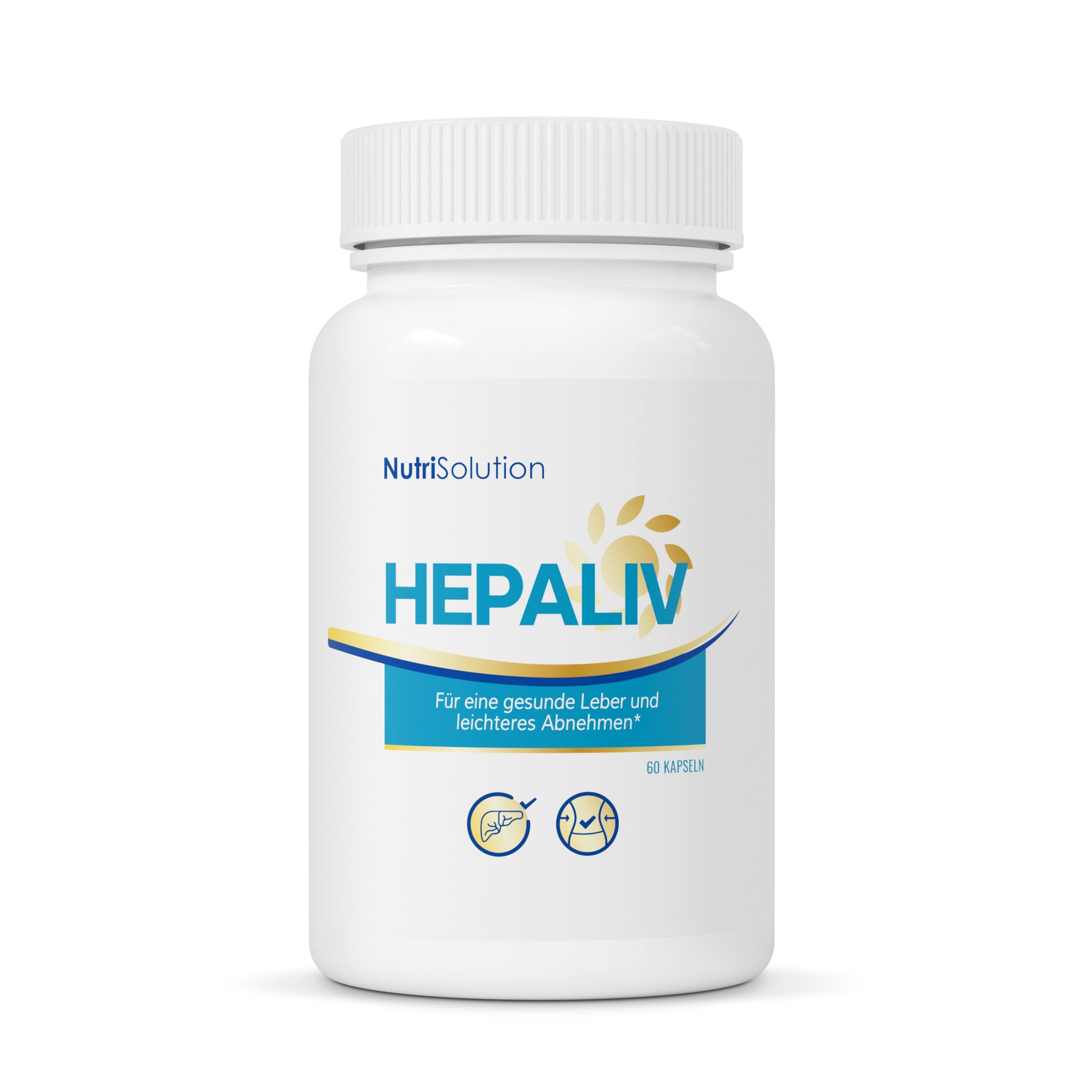 Weiße Kapsel-Flasche mit NutriSolution Hepaliv-Etikett, das Leber- und Gewichtsabnahme-Symbole zeigt.