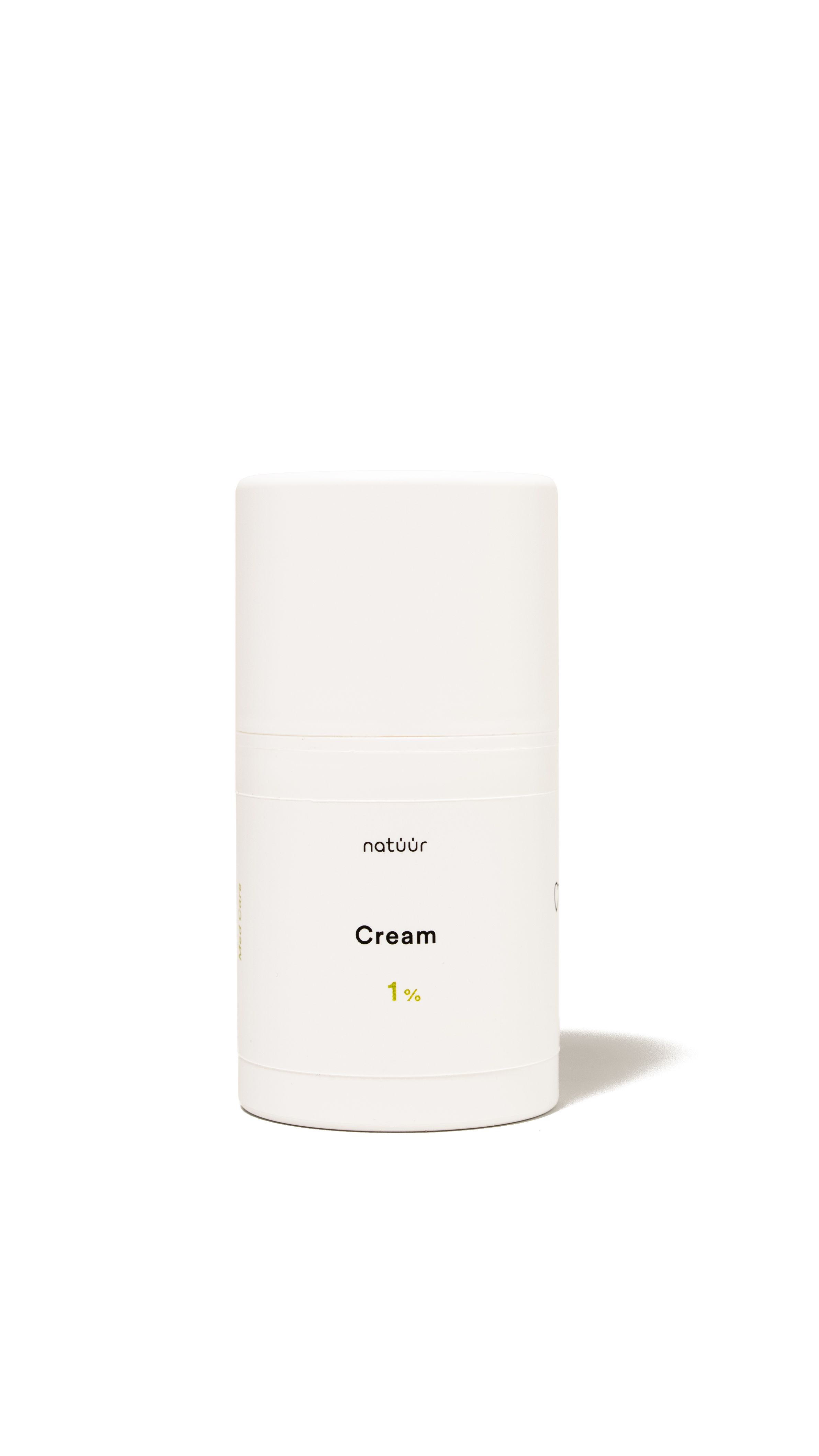 Zylindrische, weiße Creme-Tube mit schwarzer Schrift. Aufschrift: natüür, Cream, 1%.