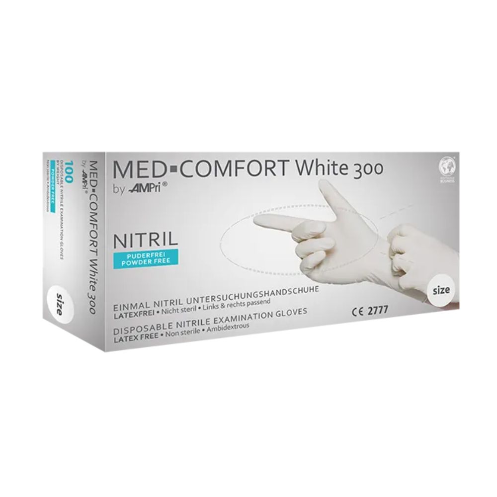 Weiße Handschuhbox mit Produktnamen MED-COMFORT White 300. Aufschrift NITRIL, puderfrei. CE-Kennzeichnung. 100 Stück.