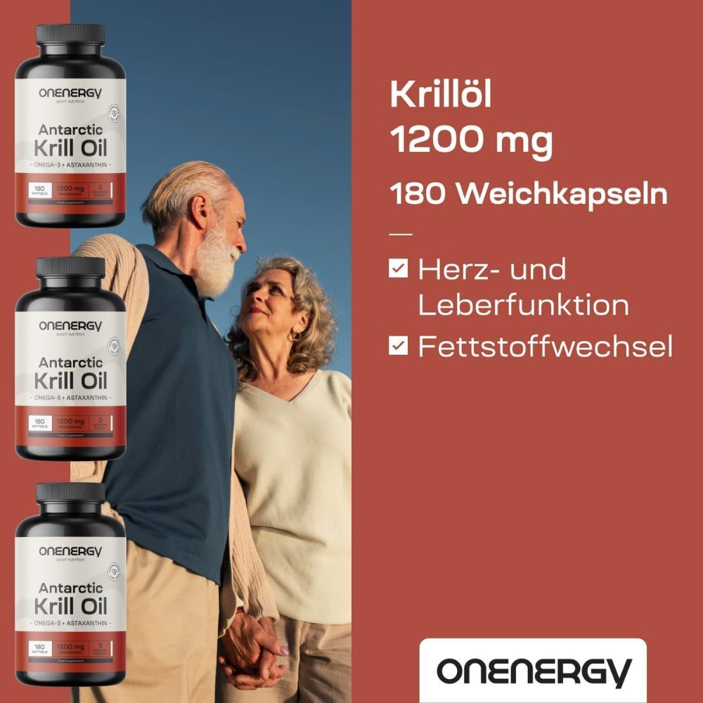 Drei Flaschen OnEnergy Antarctic Krill Oil auf rotem Hintergrund, Text Krillöl 1200 mg.