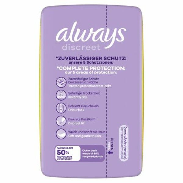 Rückseite Always Discreet Packung. Text: "ZUV. SCHUTZ: unsere 5 Schutzzonen", "COMPLETE PROTECTION". Verpackung aus 50% recyceltem Kunststoff.