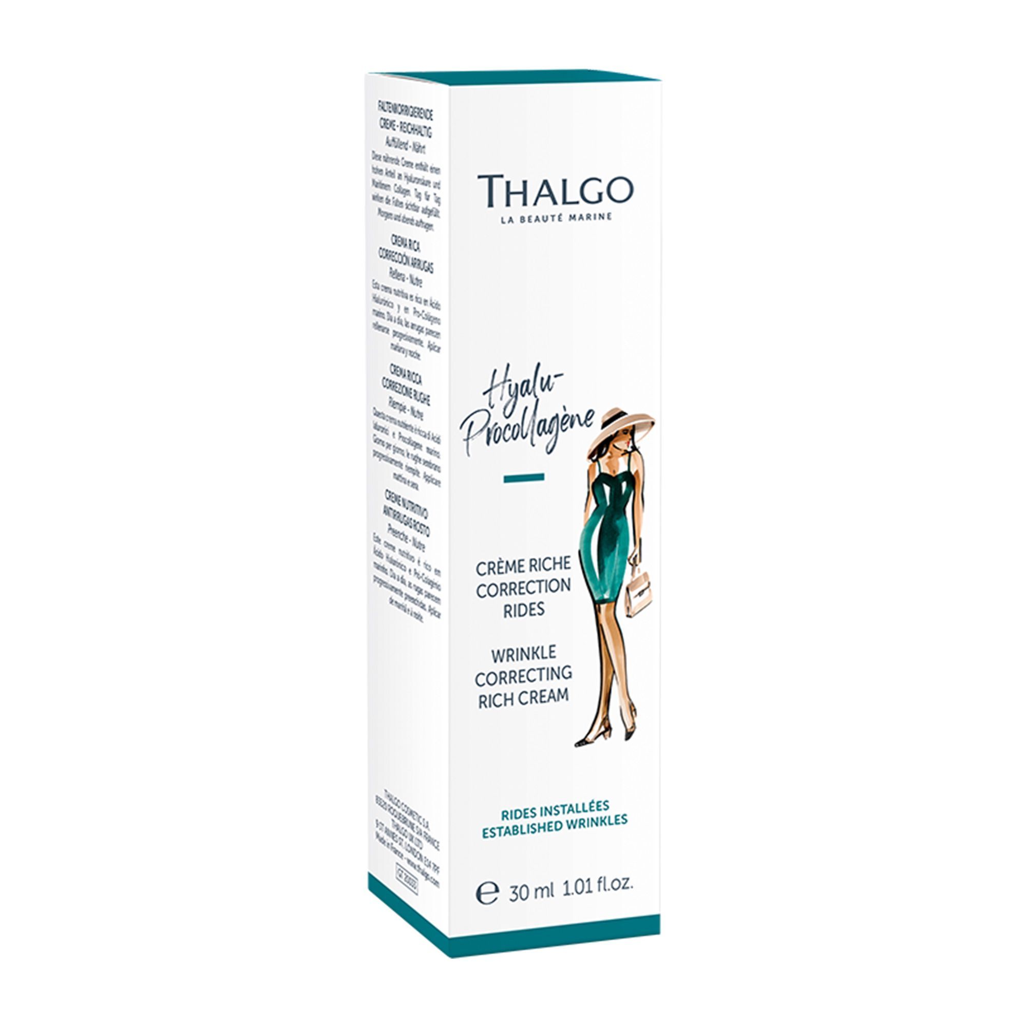 Weiße Verpackung mit THALGO-Logo und Produktbezeichnung. Illustration einer Frau. Text: Hyalu-Procollagène, Crème Riche, Wrinkle Correcting Rich Cream.