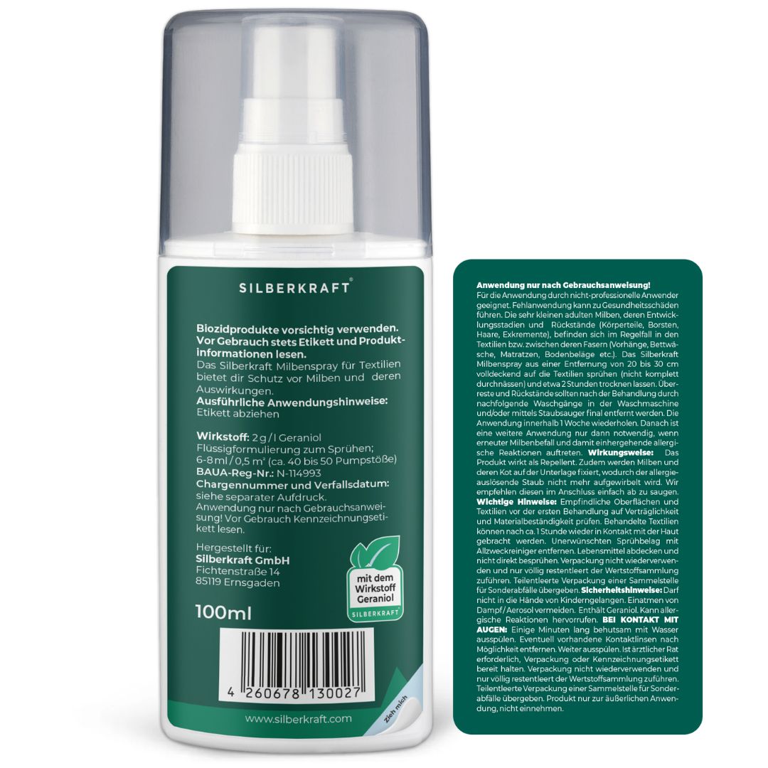 Rückseite der Sprayflasche. Text: Anwendungshinweise, Inhaltsstoffe, Herstellerinformationen, 100ml, mit dem Gütesiegel Geraniol.