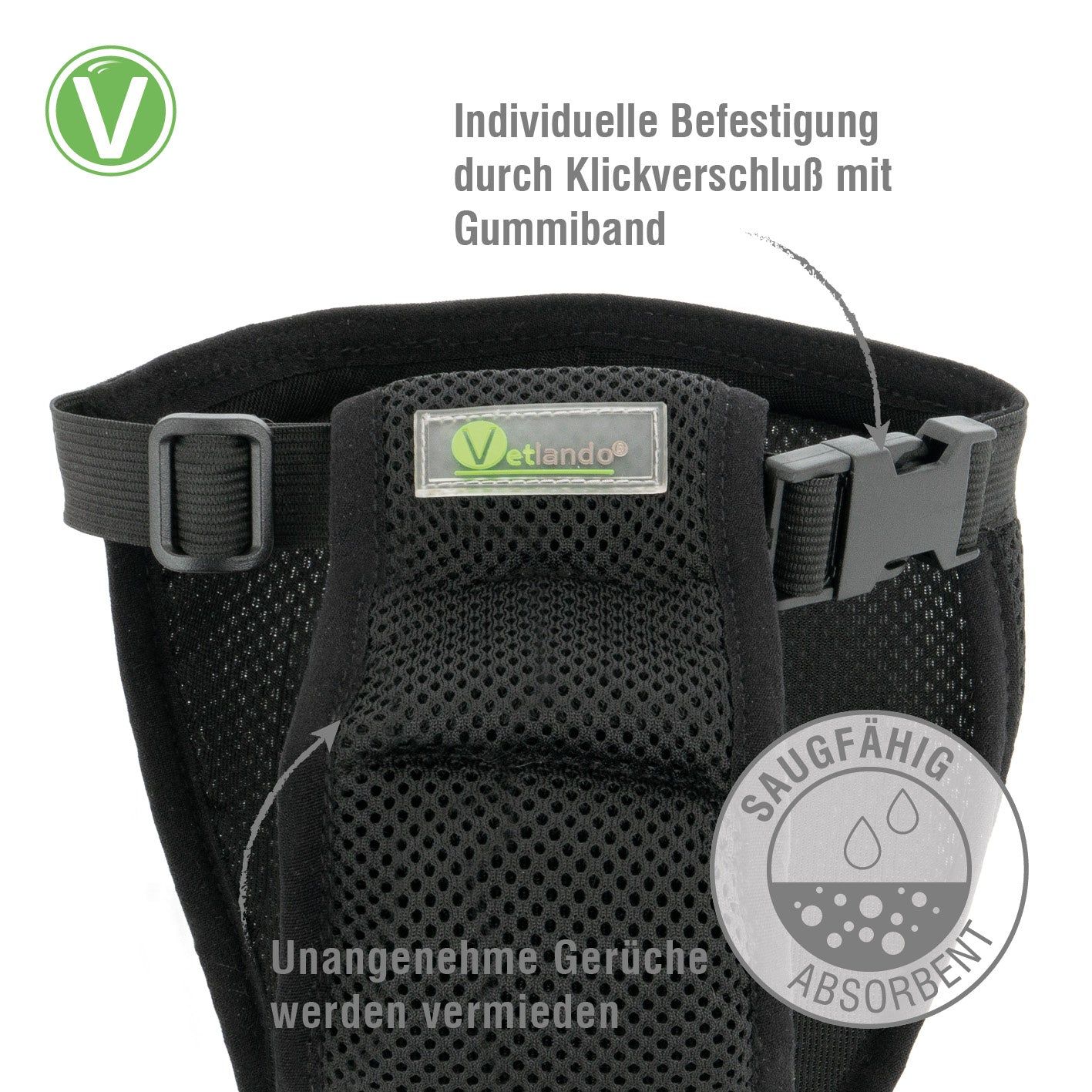 Schwarzes Läufigkeitshöschen mit Logo-Etikett, Klickverschluss und Gummiband. Text: 'Saugfähig'.