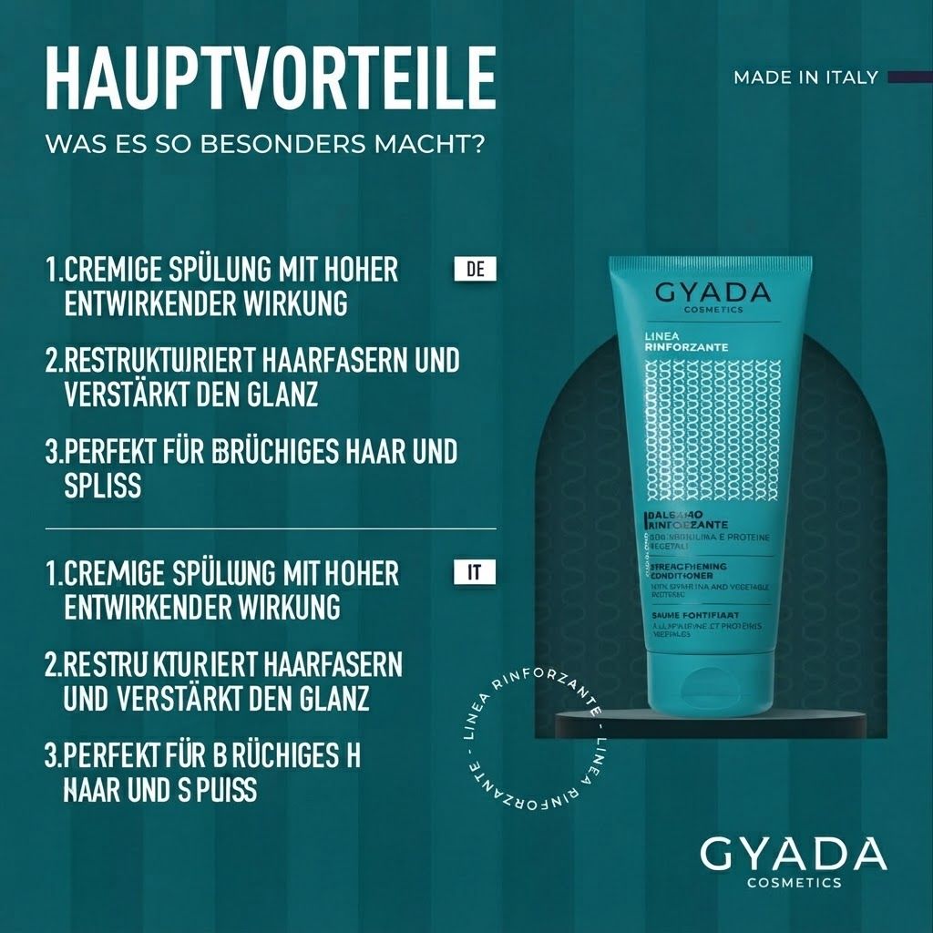 Vorteile eines Haarprodukts mit Text in Deutsch und Italienisch.