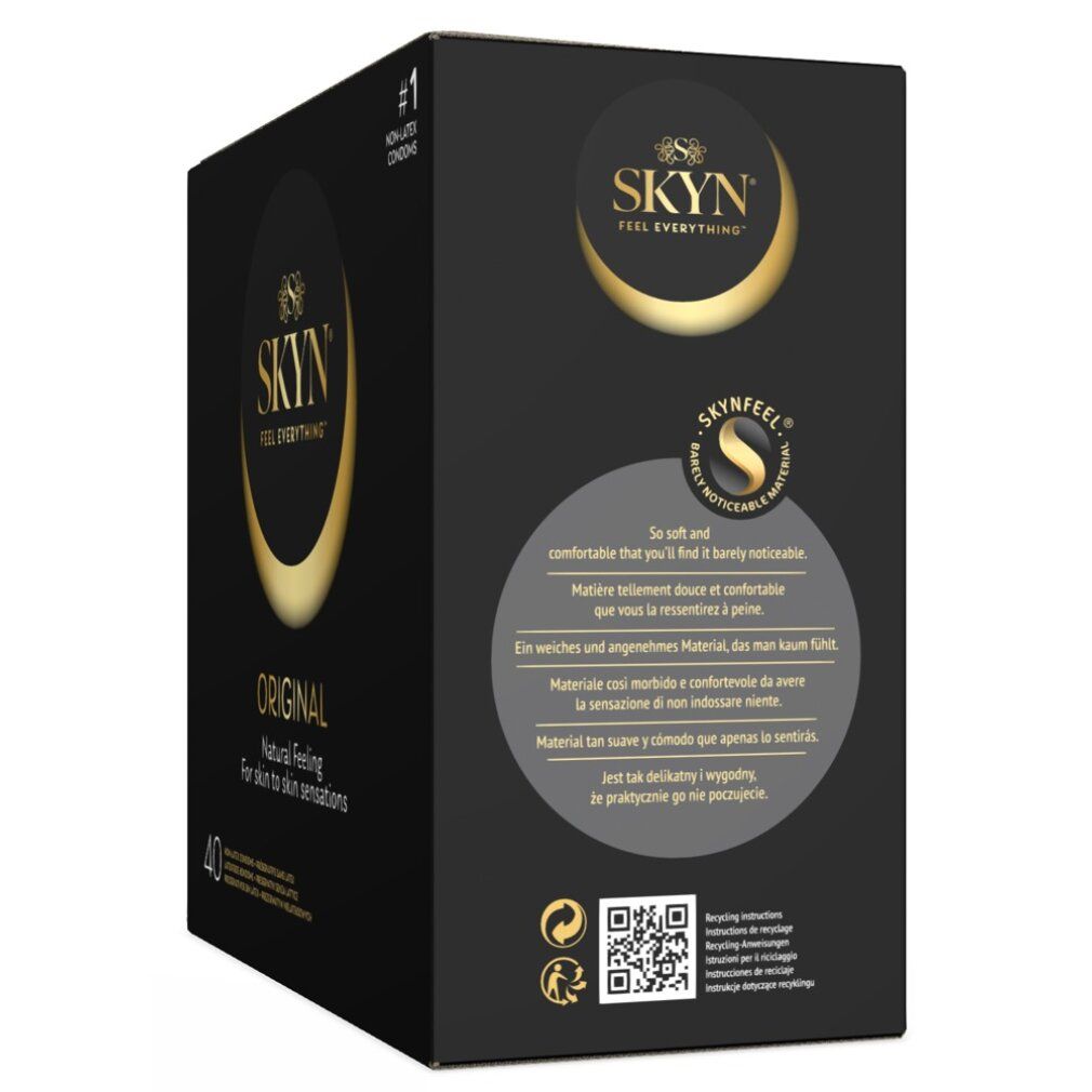 Schwarze Verpackung SKYN Original, 40 Kondome. Logo und Text. Aufschrift "Natural feeling for skin to skin sensations". Rückseite mit Text und QR-Code.