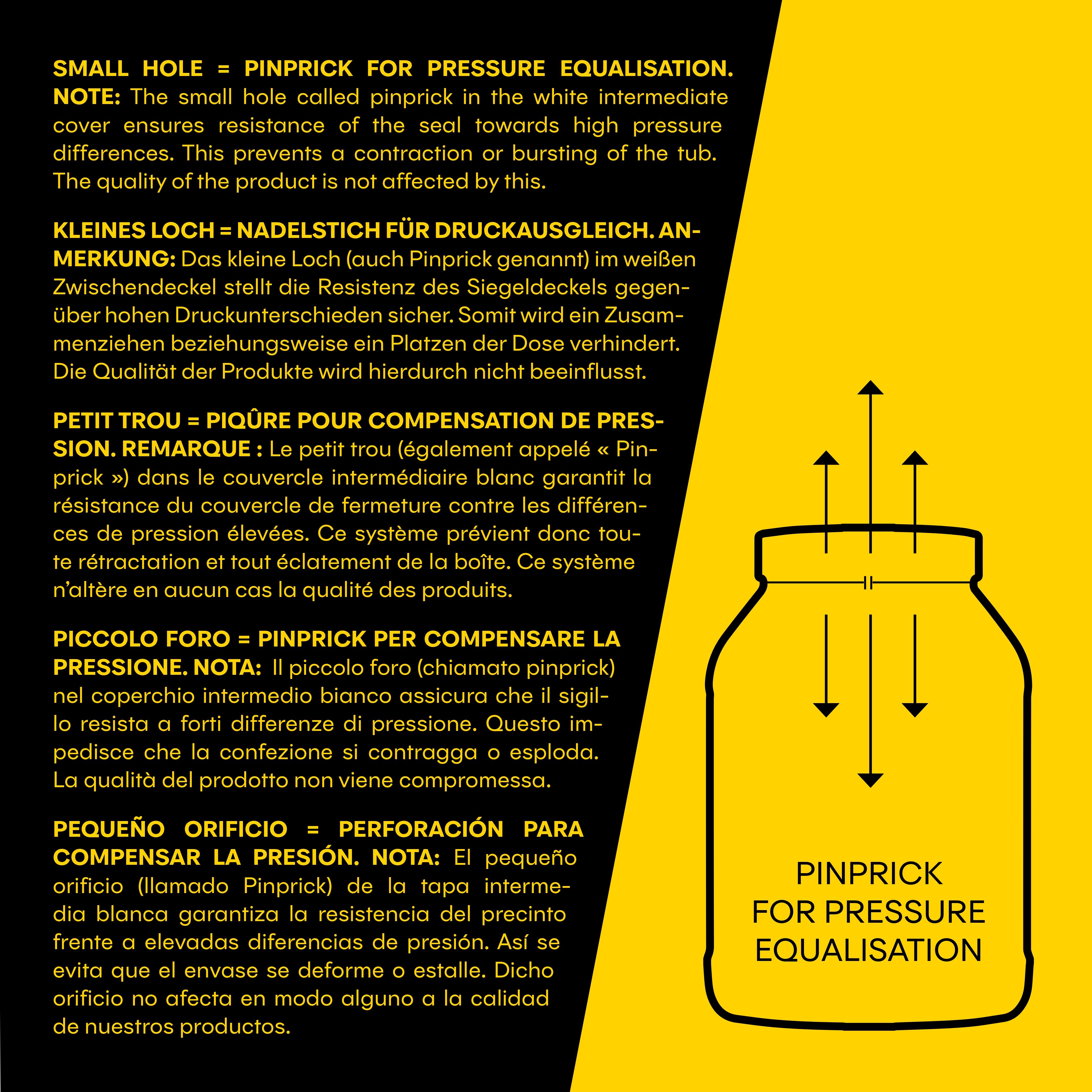 Text über ein kleines Loch zur Druckausgleichung. Mehrsprachige Erklärungen in Deutsch, Englisch, Französisch, Italienisch und Spanisch.