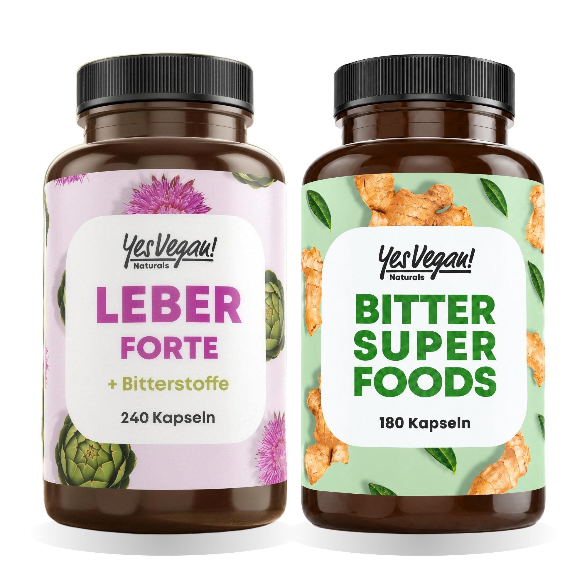 Zwei Flaschen Nahrungsergänzungsmittel: Leber Forte und Bitter Super Foods.