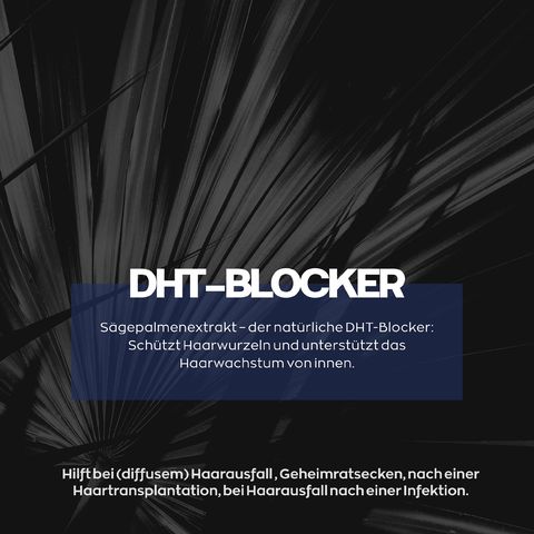Text: DHT-Blocker. Sägepalmenextrakt. Hilft bei Haarausfall, Geheimratsecken, nach Transplantation, Infektion.