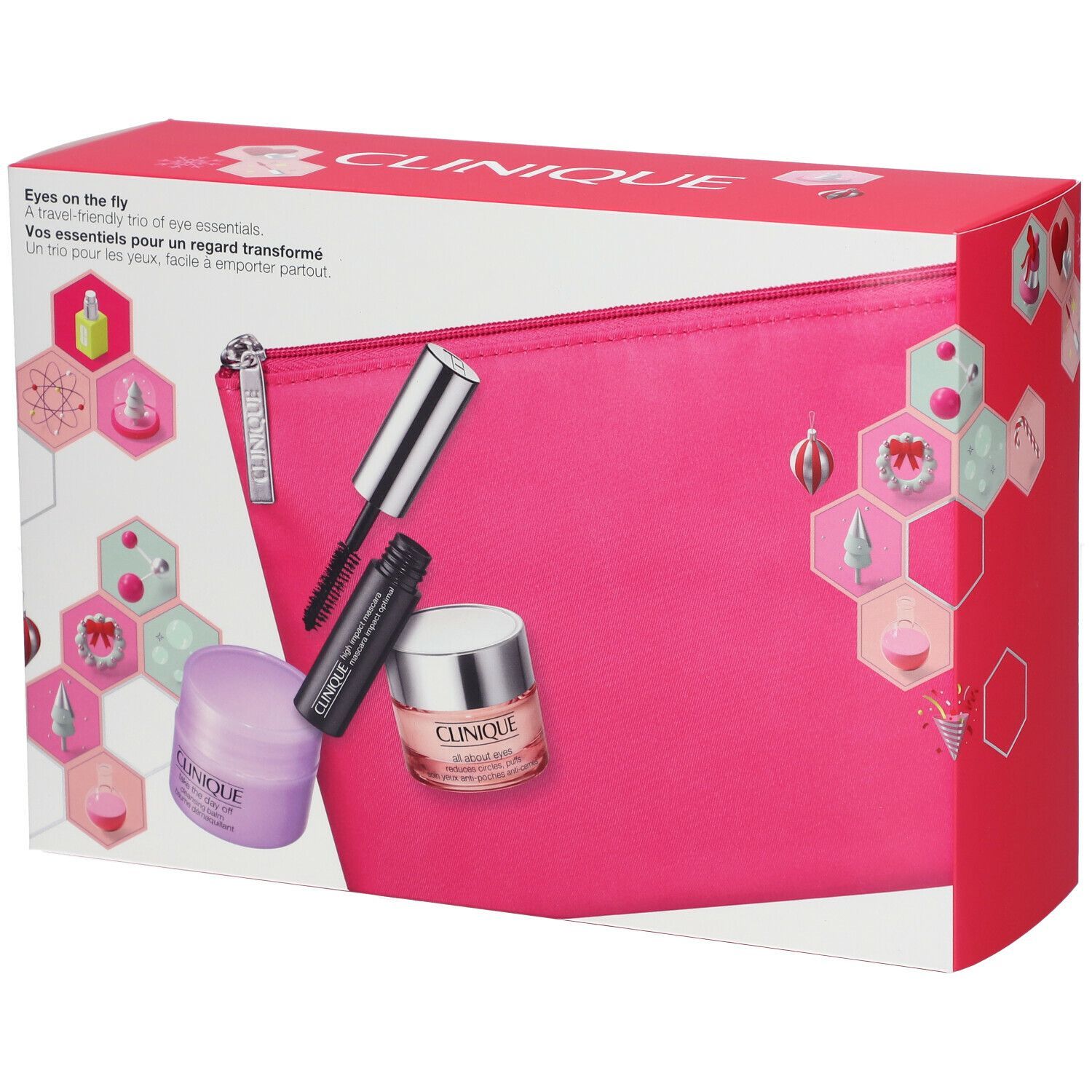 Geschenkset CLINIQUE Eyes on the fly. Rosa Kosmetiktasche mit Mascara, Augencreme und Augenpflege. Verpackung mit Logo und Text.