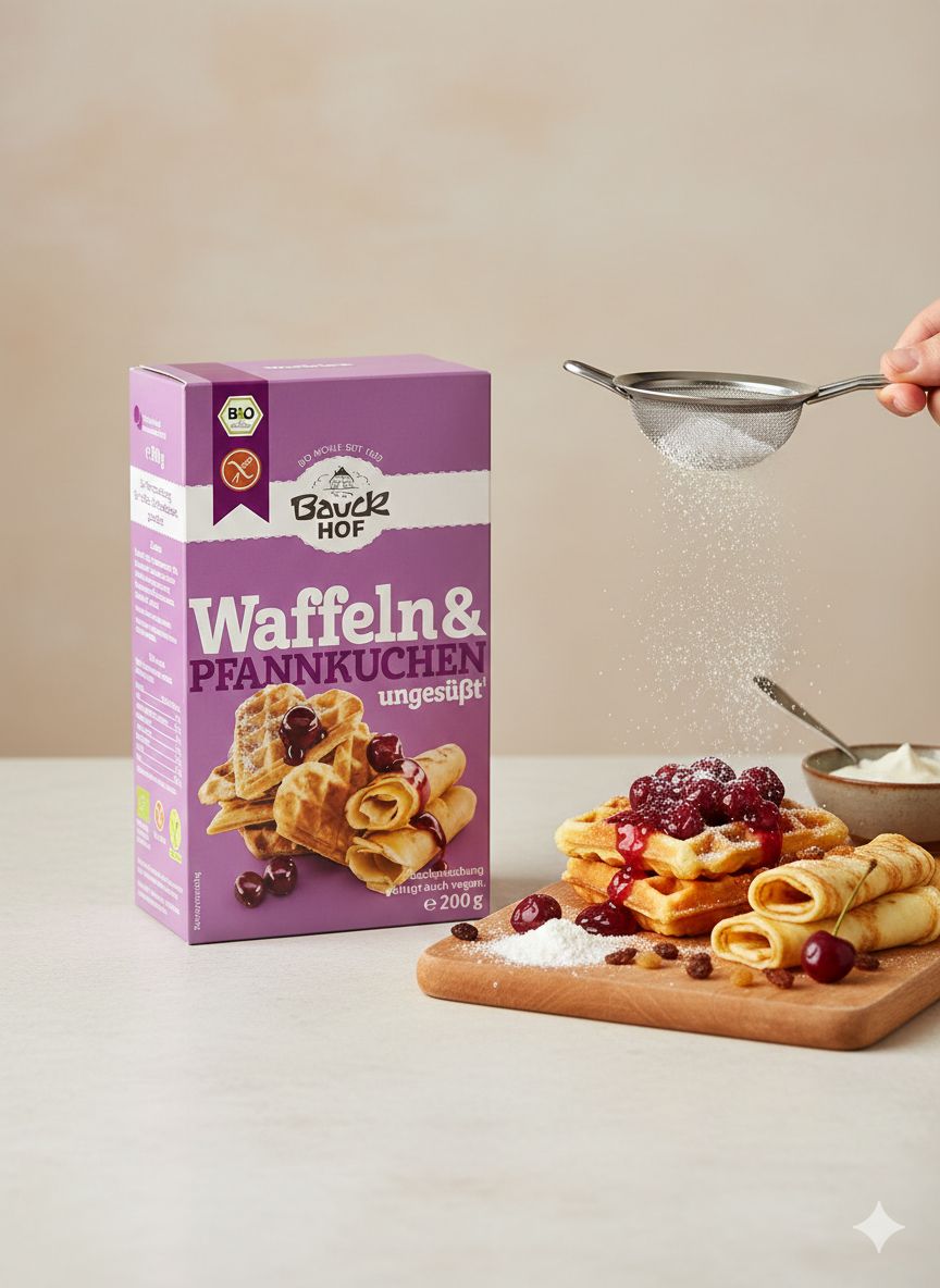 Zucker wird mit einem Sieb über Waffeln und Pfannkuchen gestreut, daneben eine Packung Bauckhof glutenfrei.