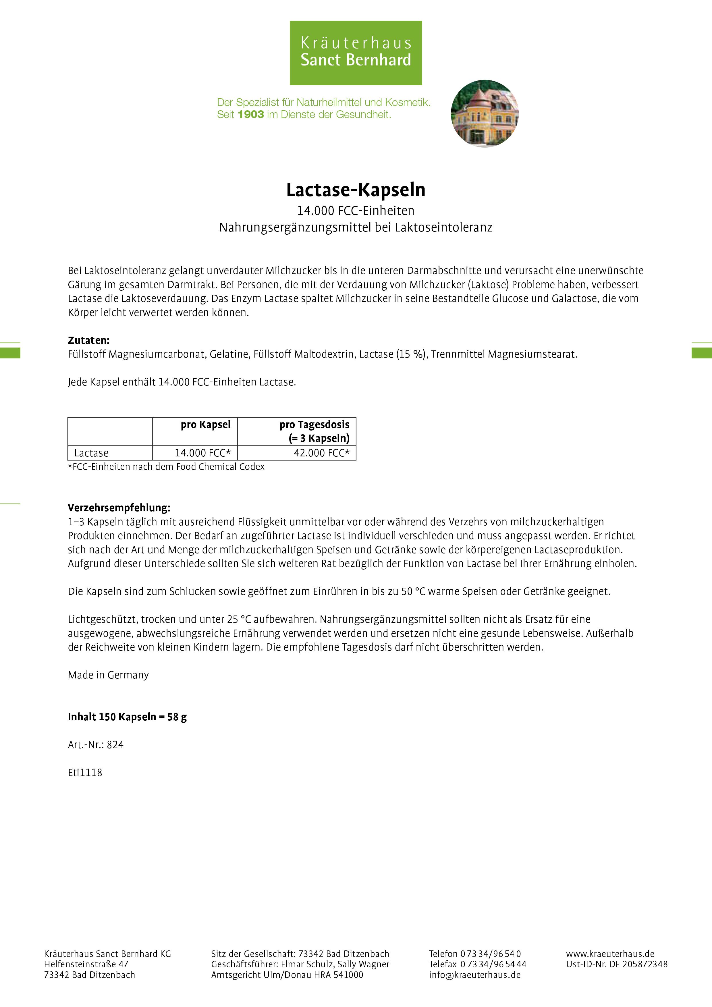 Sanct Bernhard Lactase-Kapseln 14.000 FCC-Einheiten