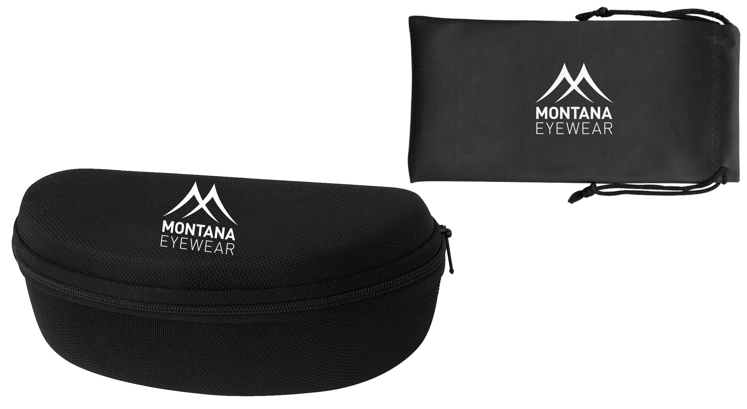 Schwarzes Brillenetui und Beutel mit weißem "Montana Eyewear" Logo. Etui mit Reißverschluss.