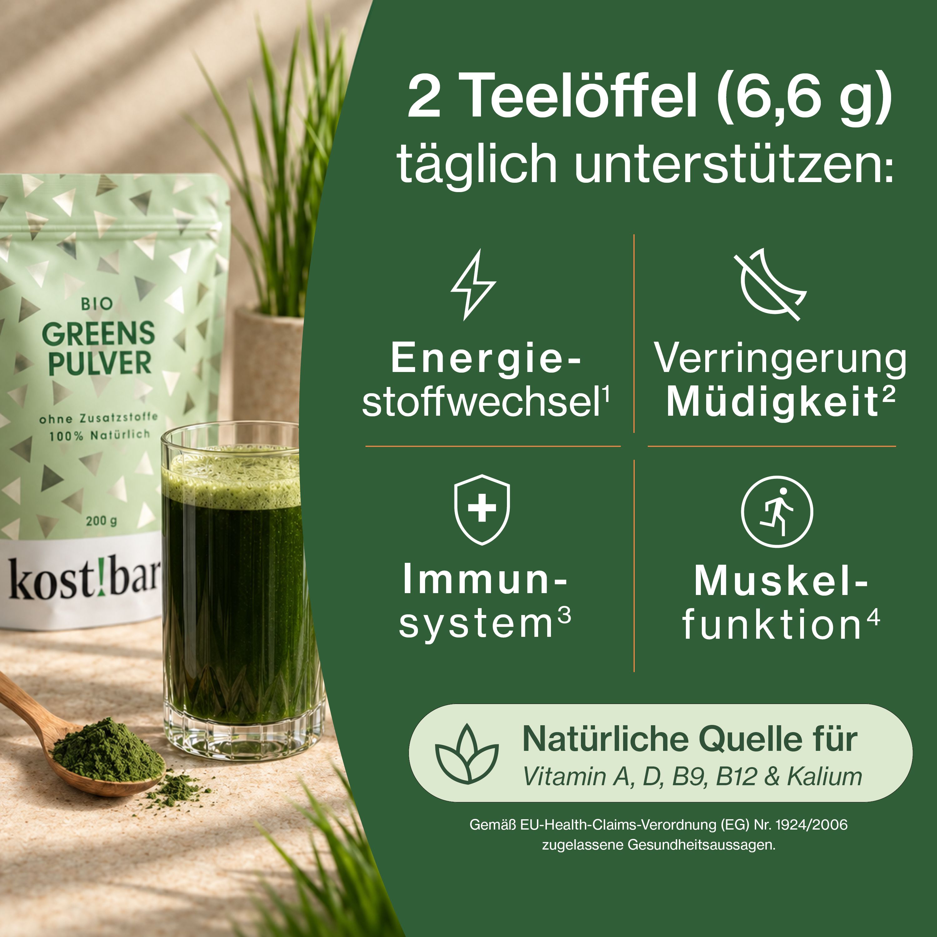 Bio Greens Pulver von kost!bar: 2 TL täglich unterstützen Energie, Immunsystem, Muskelfunktion.