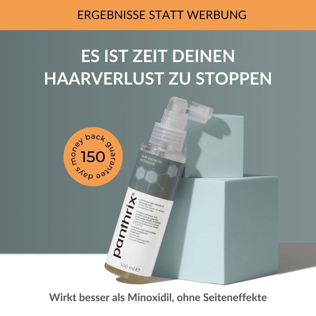 Produktflasche auf blauem Würfel. Text: Es ist Zeit, deinen Haarausfall zu stoppen. 150 Tage Geld-zurück-Garantie.