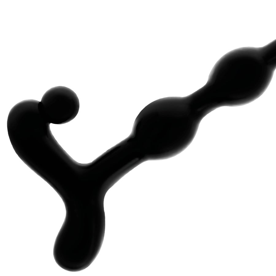 Nahaufnahme einer schwarzen Analkugelkette aus TPR. Y-förmiger Griff und mehrere Kugeln unterschiedlicher Größe.