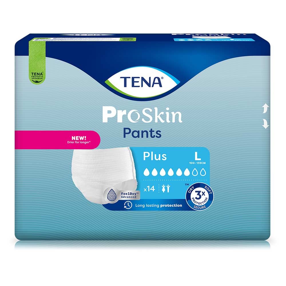 Verpackung TENA ProSkin Pants Plus L. Blaue und weiße Verpackung mit Produktabbildung. Größe L, x14 Stück.