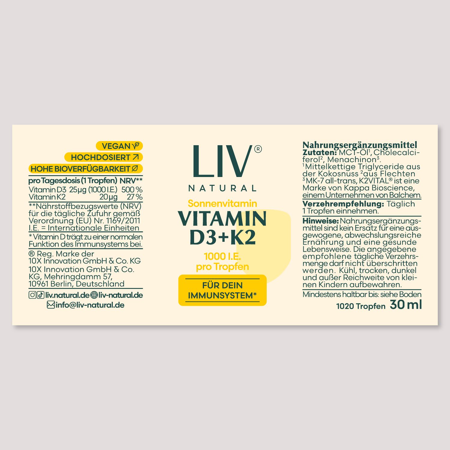 Etikett mit Produktinformationen. Text: VEGAN, HOHEDOSIERT, LIV NATURAL, Vitamin D3+K2, 1000 I.E. pro Tropfen.