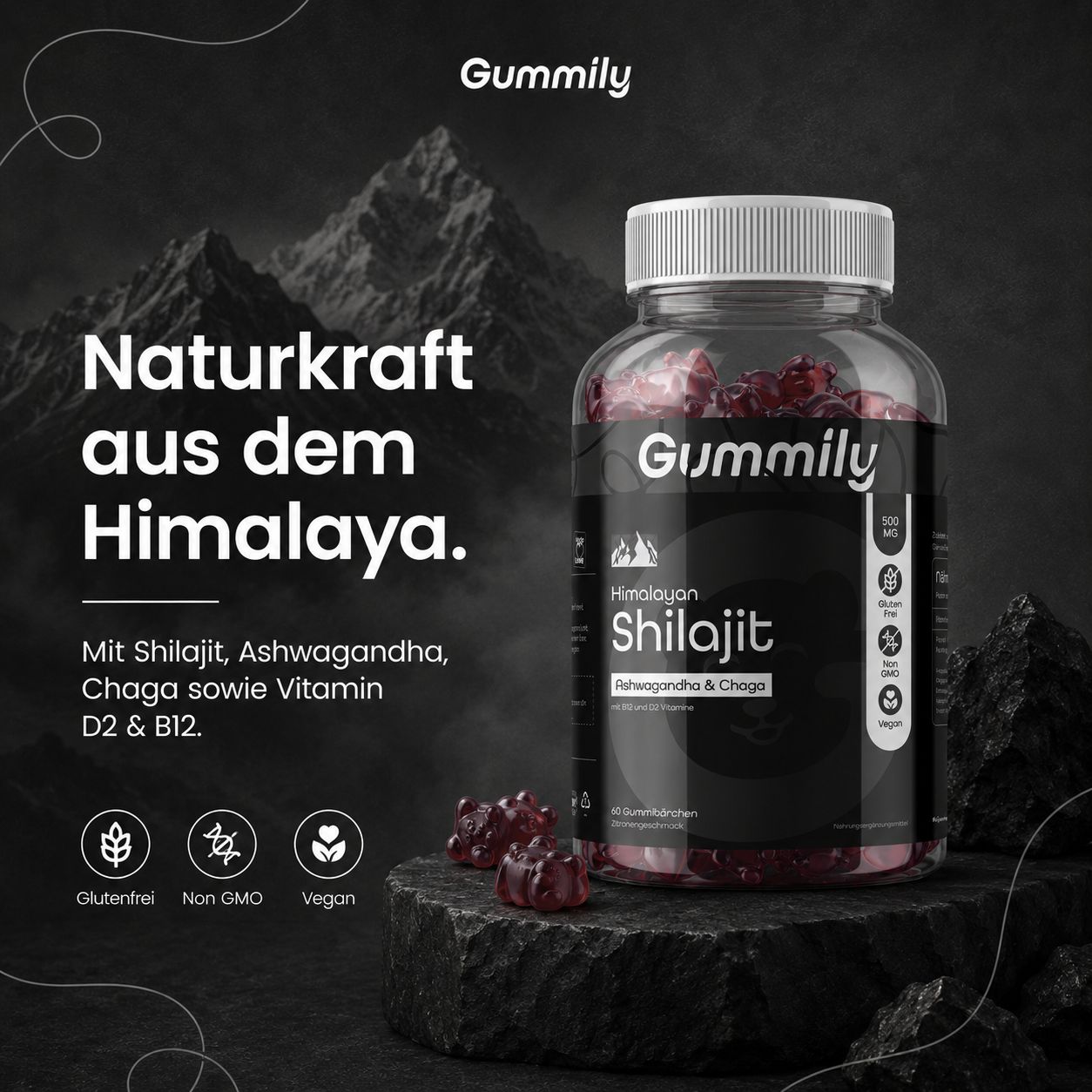 Gummily Shilajit Gummies Flasche auf Felsen, mit Himalaya-Bergen im Hintergrund.