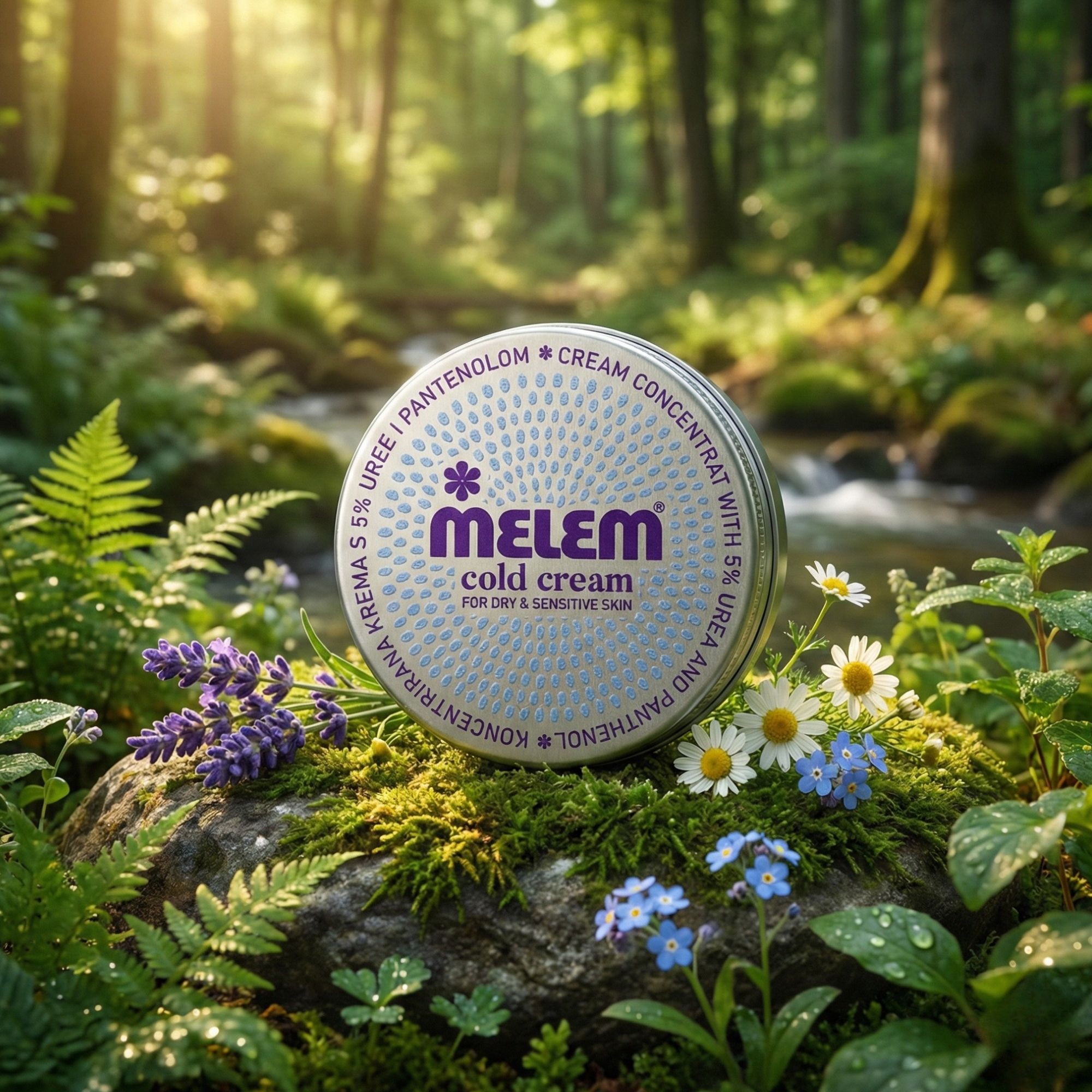 Runde Dose Melem Cold Cream in Naturumgebung. Umgeben von Pflanzen und Blumen.