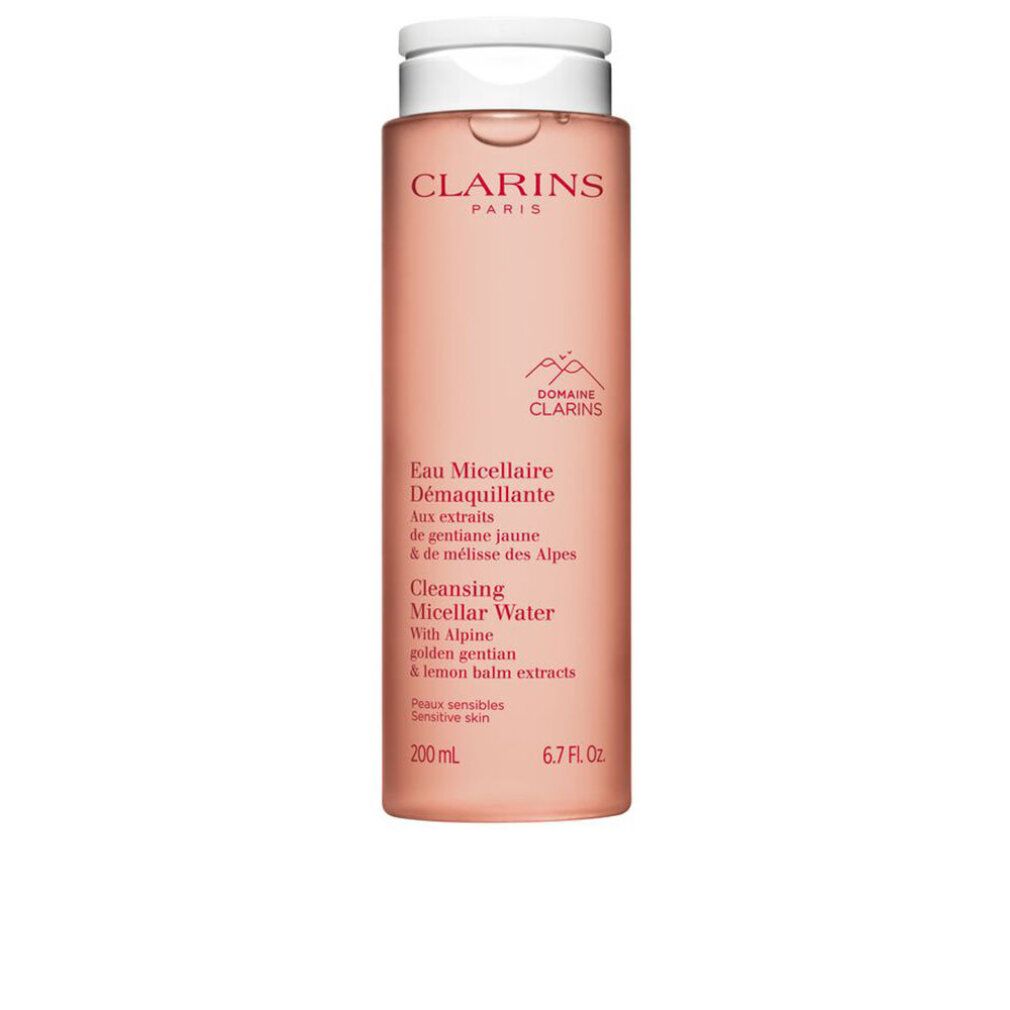 Rosa Flasche mit weißem Deckel. Text: Clarins, Eau Micellaire Démaquillante, 200ml, 6.7 FL.Oz. Für empfindliche Haut.