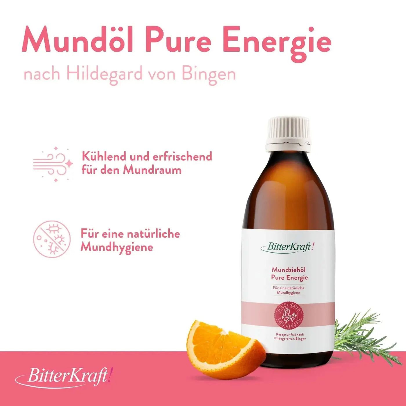 Braune Flasche mit weißem Deckel. Aufschrift: BitterKraft! Mundziehöl Pure Energie. Orange und Rosmarinzweig.