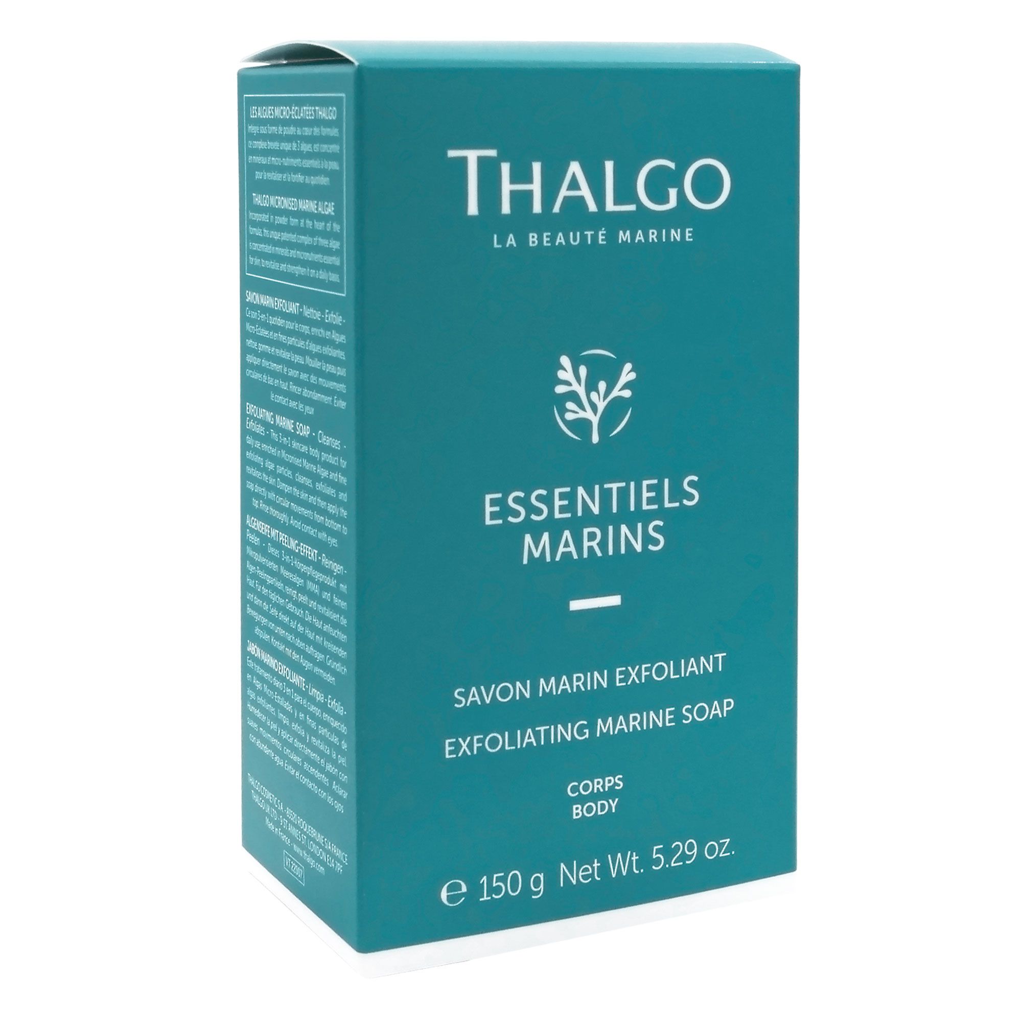 Türkisfarbene Verpackung. Marke Thalgo. Text: Essentiels Marins, Savon Marin Exfoliant, Corps. 150 g.
