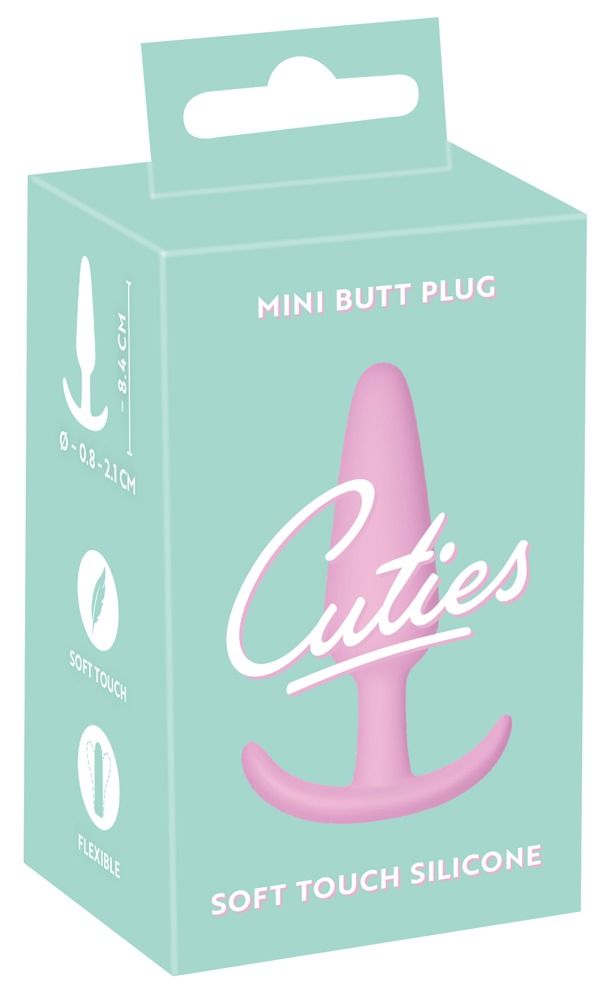 Verpackung mit rosa Analplug. Aufschrift: Cuties, Mini Butt Plug, Soft Touch Silicone. Abbildungen von Eigenschaften.