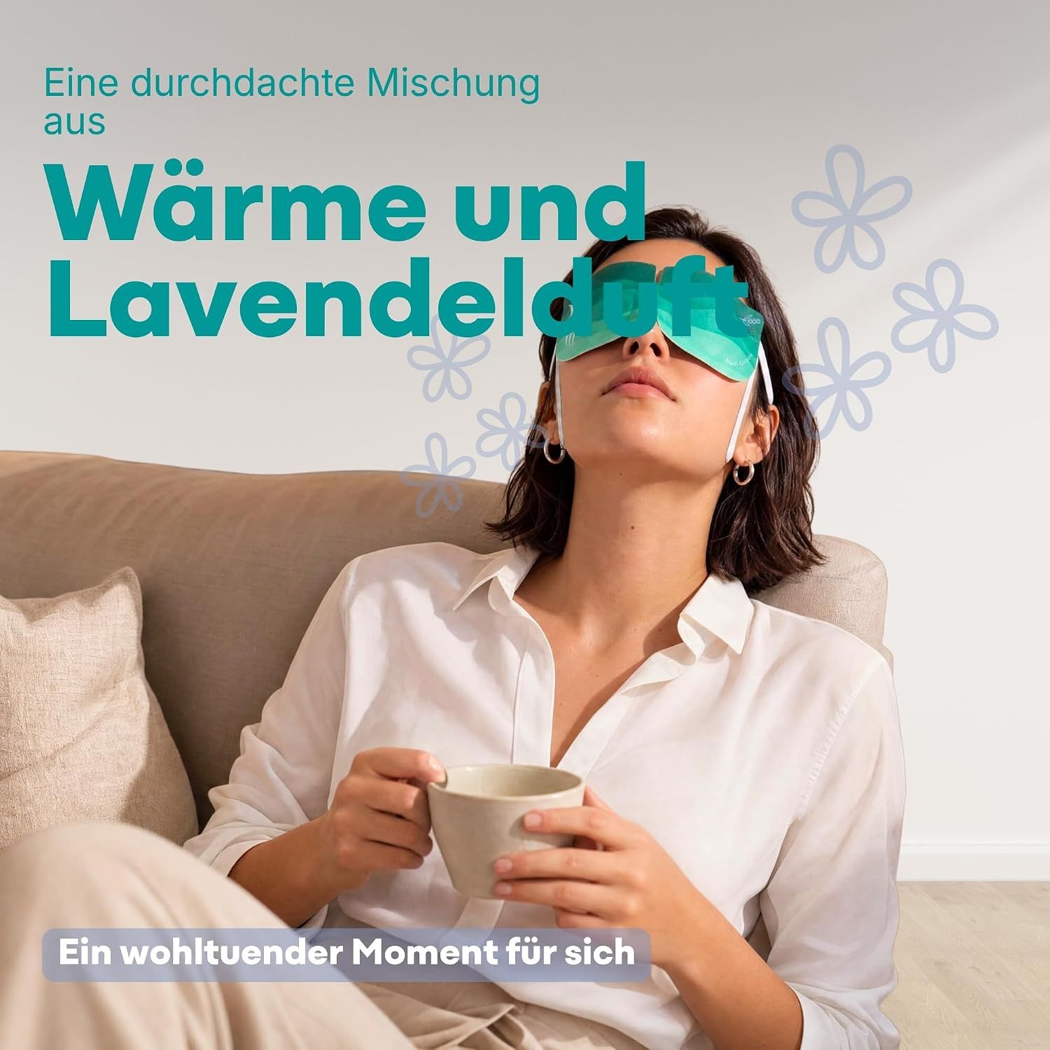Verpackung mit 10 Dampf-Augenmasken, Lavendelduft, sanfte Wärme.