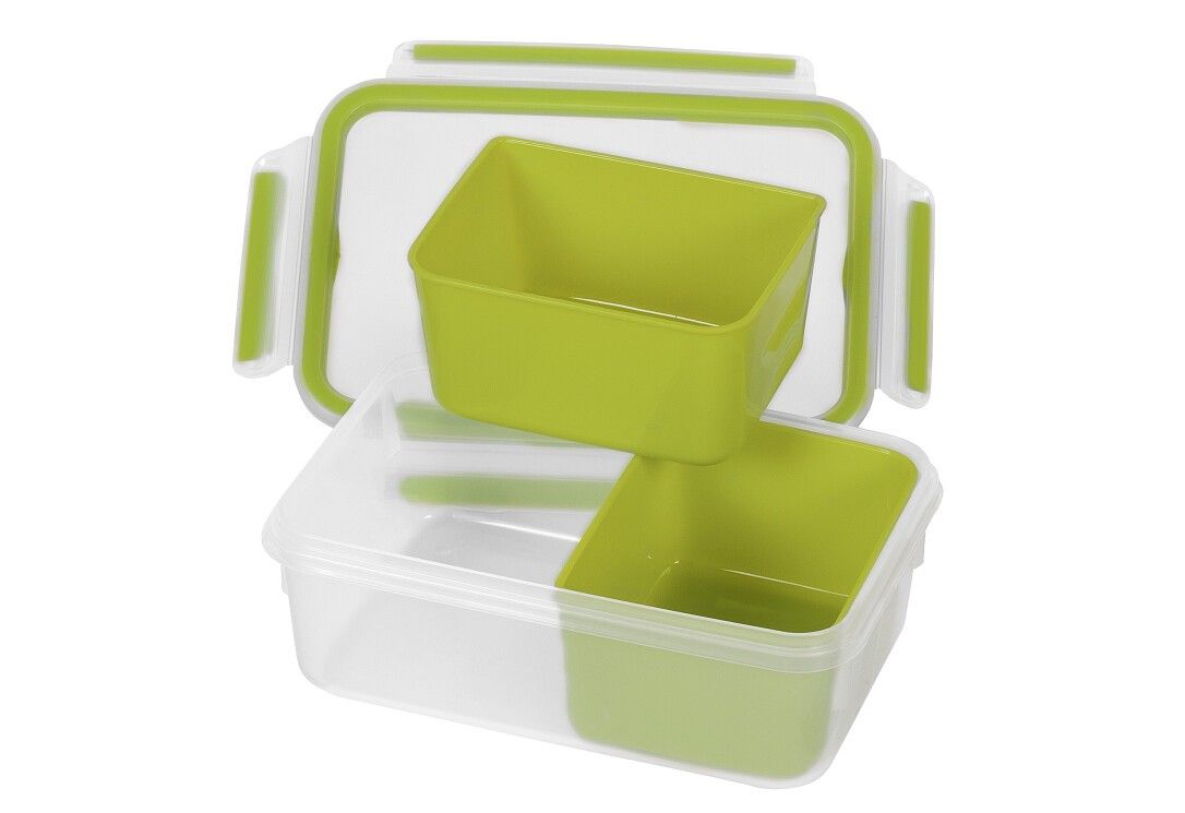Rechteckige Snackbox, geöffnet. Grüner Einsatz in transparentem Behälter. Deckel daneben. Zwei grüne Behälter.