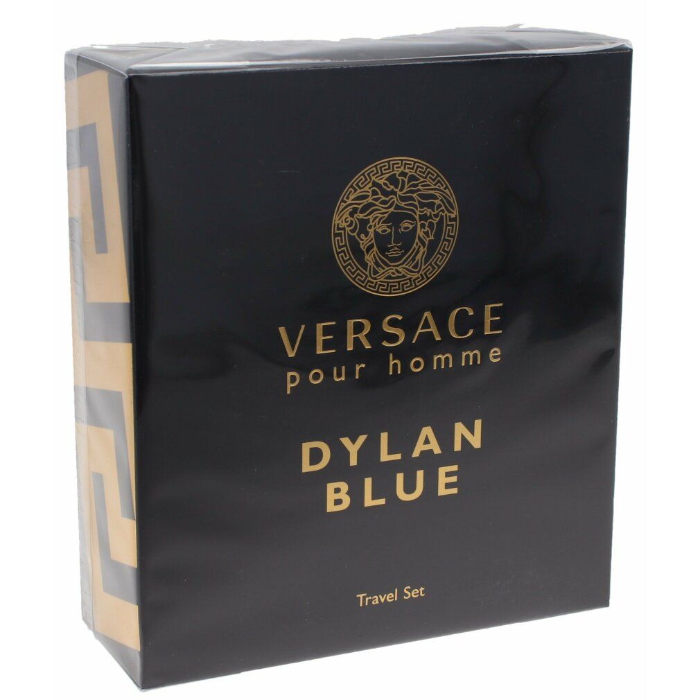 Schwarze Geschenkbox mit goldfarbenem Logo und Schriftzug. Enthält "Versace Pour Homme Dylan Blue".