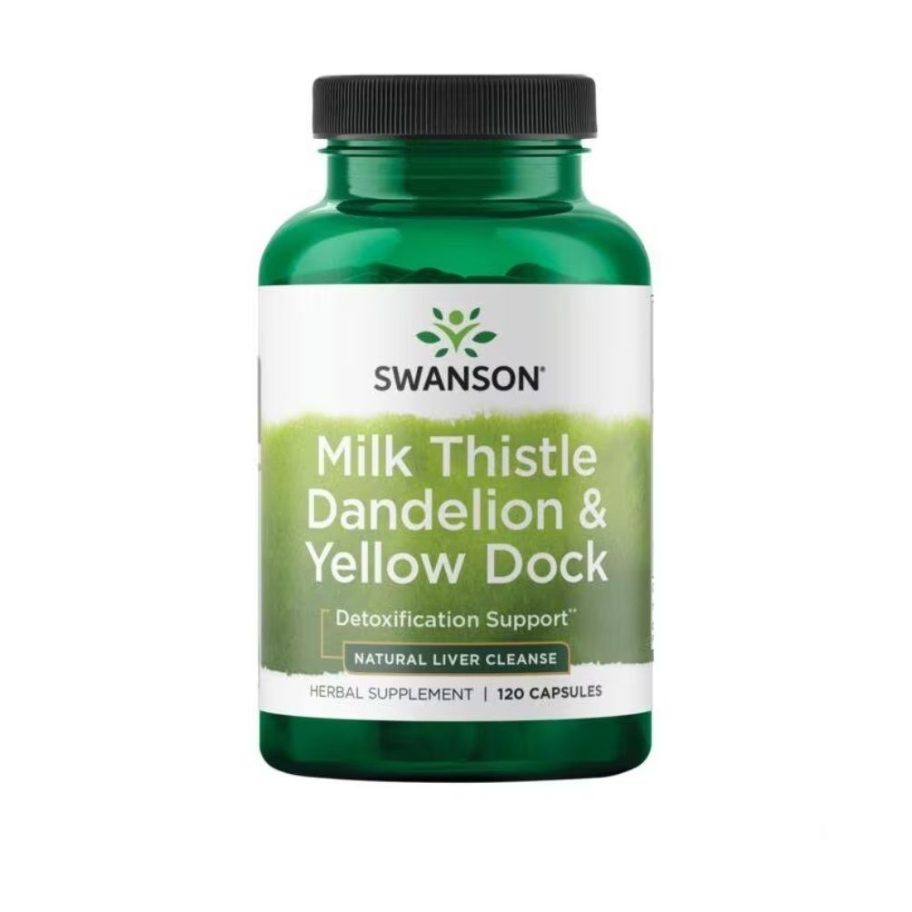 Grüne Flasche mit schwarzem Deckel. Aufschrift: SWANSON, Milk Thistle Dandelion & Yellow Dock, Detoxification Support, 120 Kapseln.