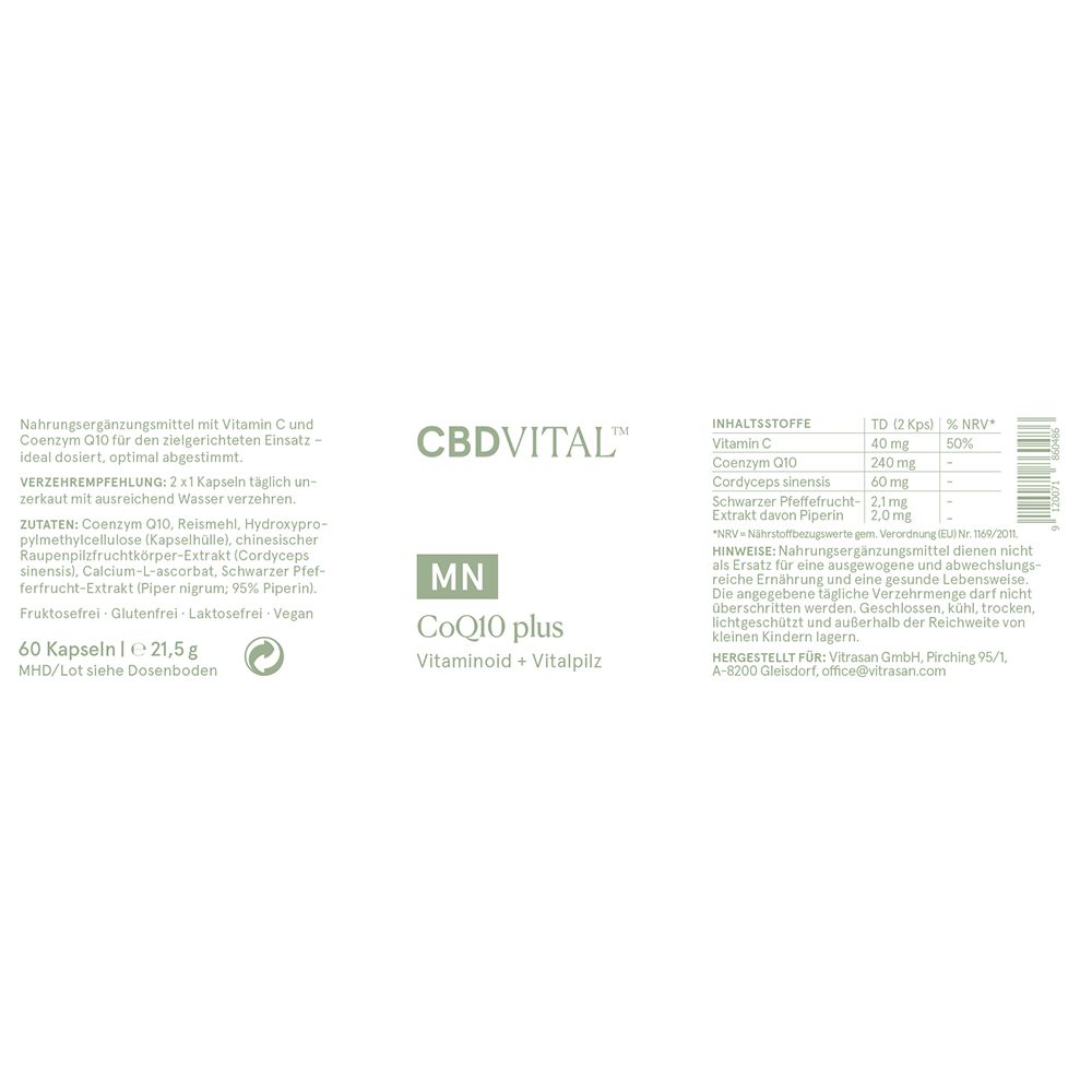 Produktetikett mit Text: CBD VITAL, CoQ10 plus, Vitaminoid + Vitalpilz. Enthält Inhaltsstoffe und Nährwertangaben.