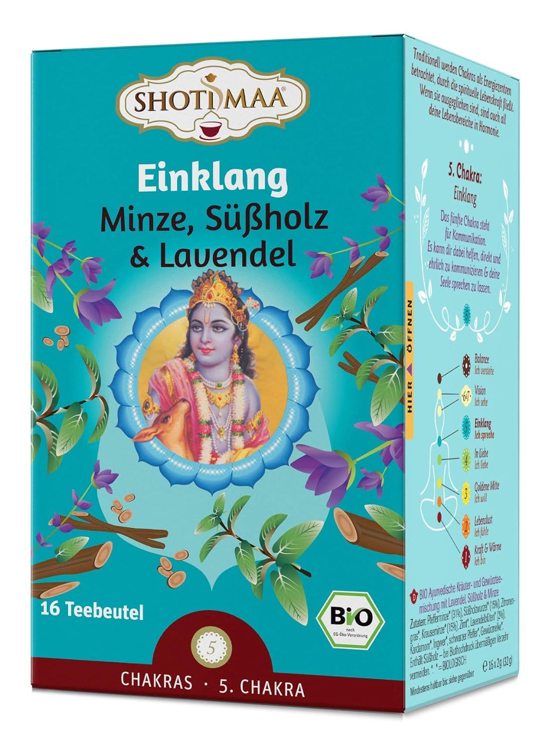 Shoti Maa Einklang Chakra Tee: 16 Teebeutel mit Minze, Süßholz & Lavendel. Bio-zertifiziert.