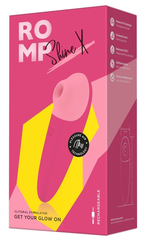 Rosa Produktverpackung mit Produktabbildung. Text: ROMP Shine X, Clitoral Stimulator, Rechargeable. Gelbe und rosa geometrische Formen.