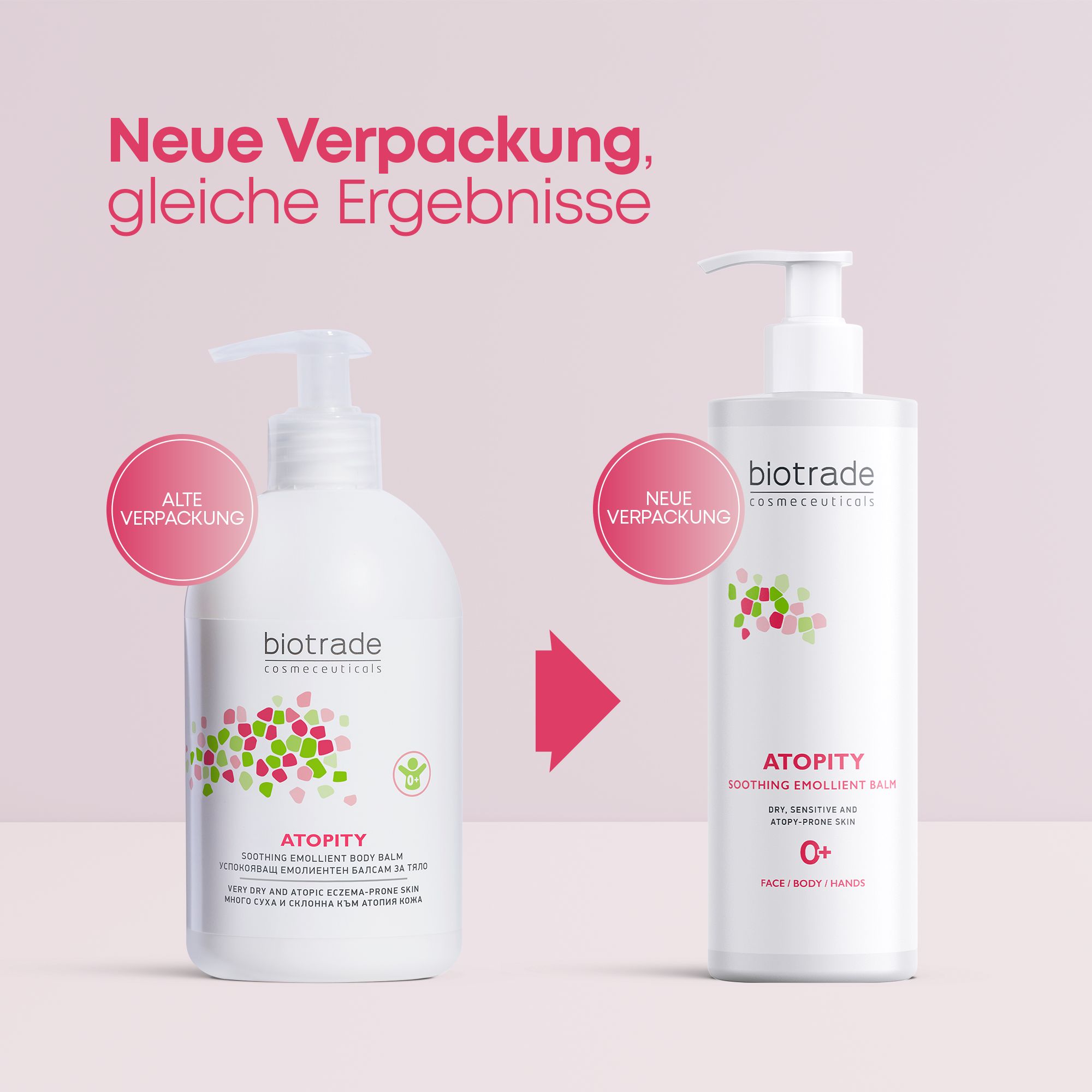 Vergleich von Biotrade Atopity Körperbalsam: Alte und neue Verpackung nebeneinander. "Neue Verpackung, gleiche Ergebnisse."
